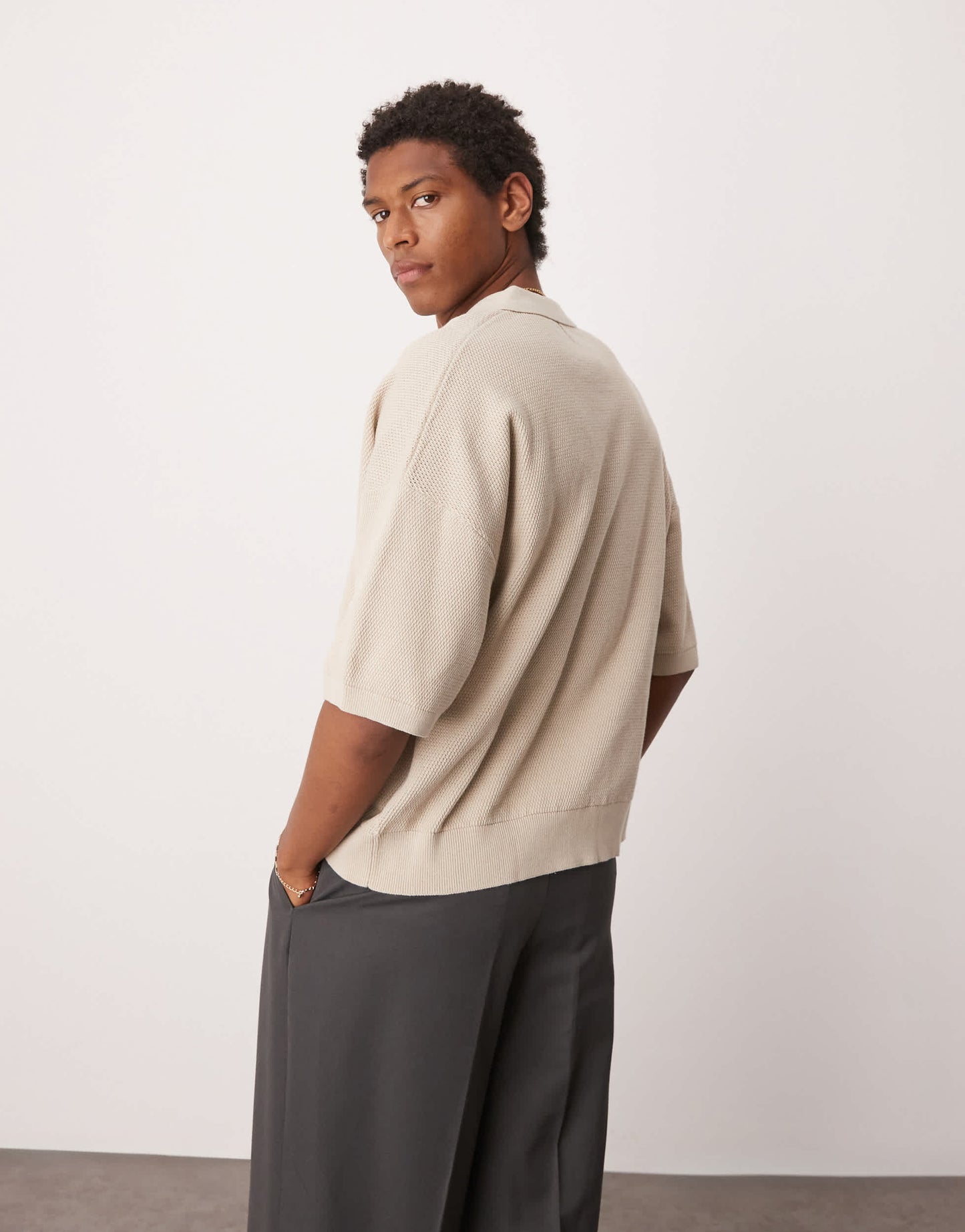 ASOS DESIGN oversized knitted notch neck polo in ecru