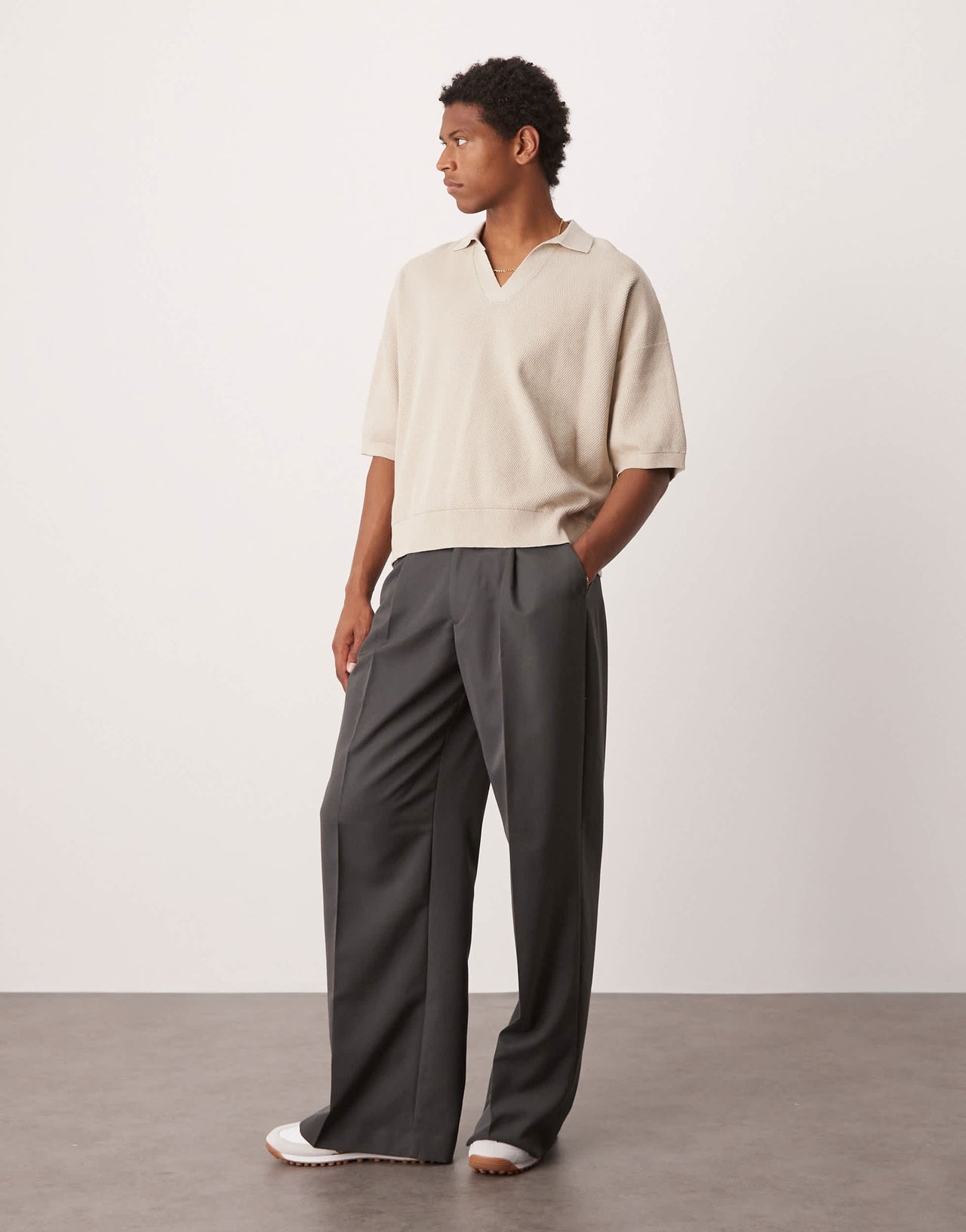 ASOS DESIGN oversized knitted notch neck polo in ecru
