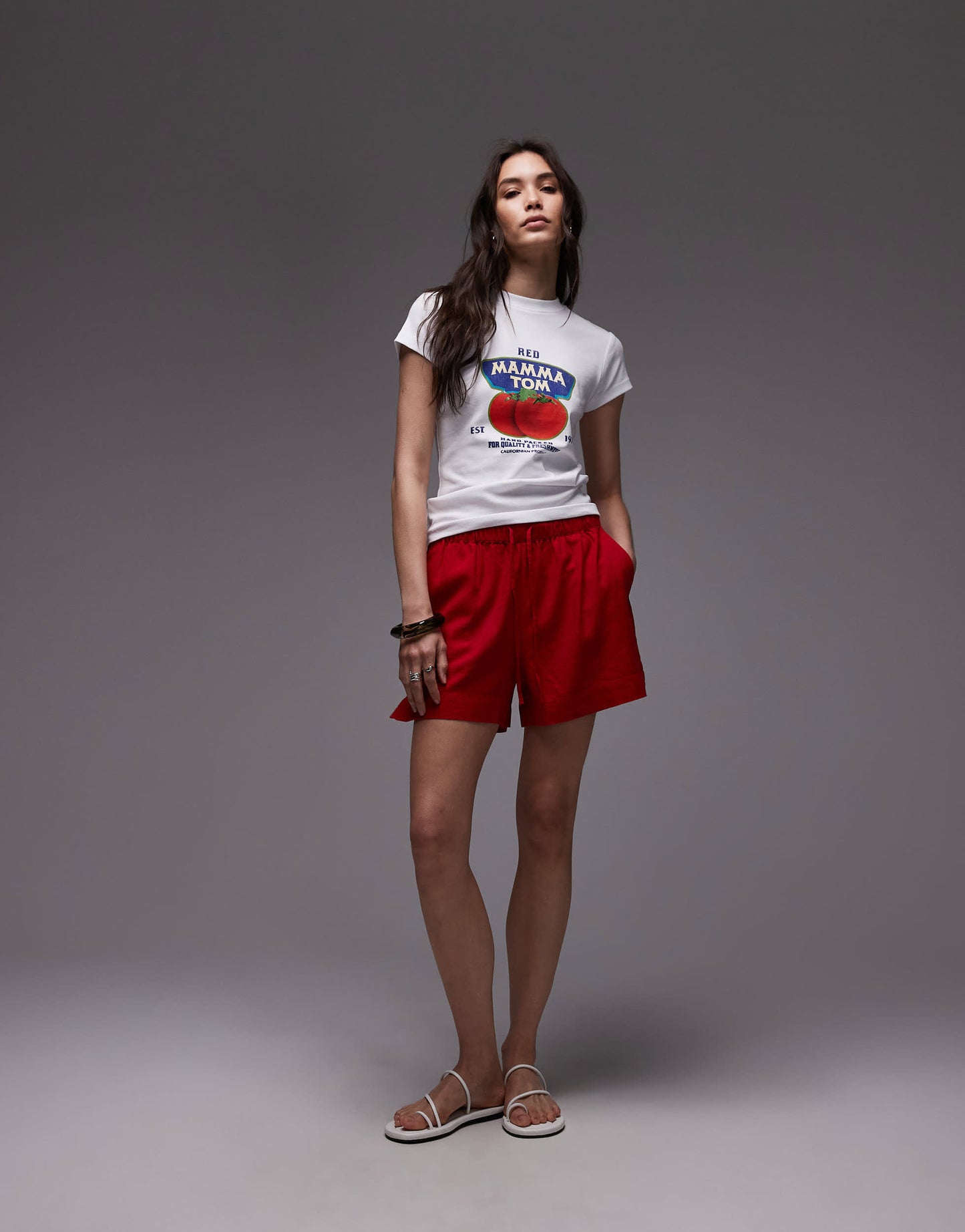 Topshop high rise drawcord linen shorts in red