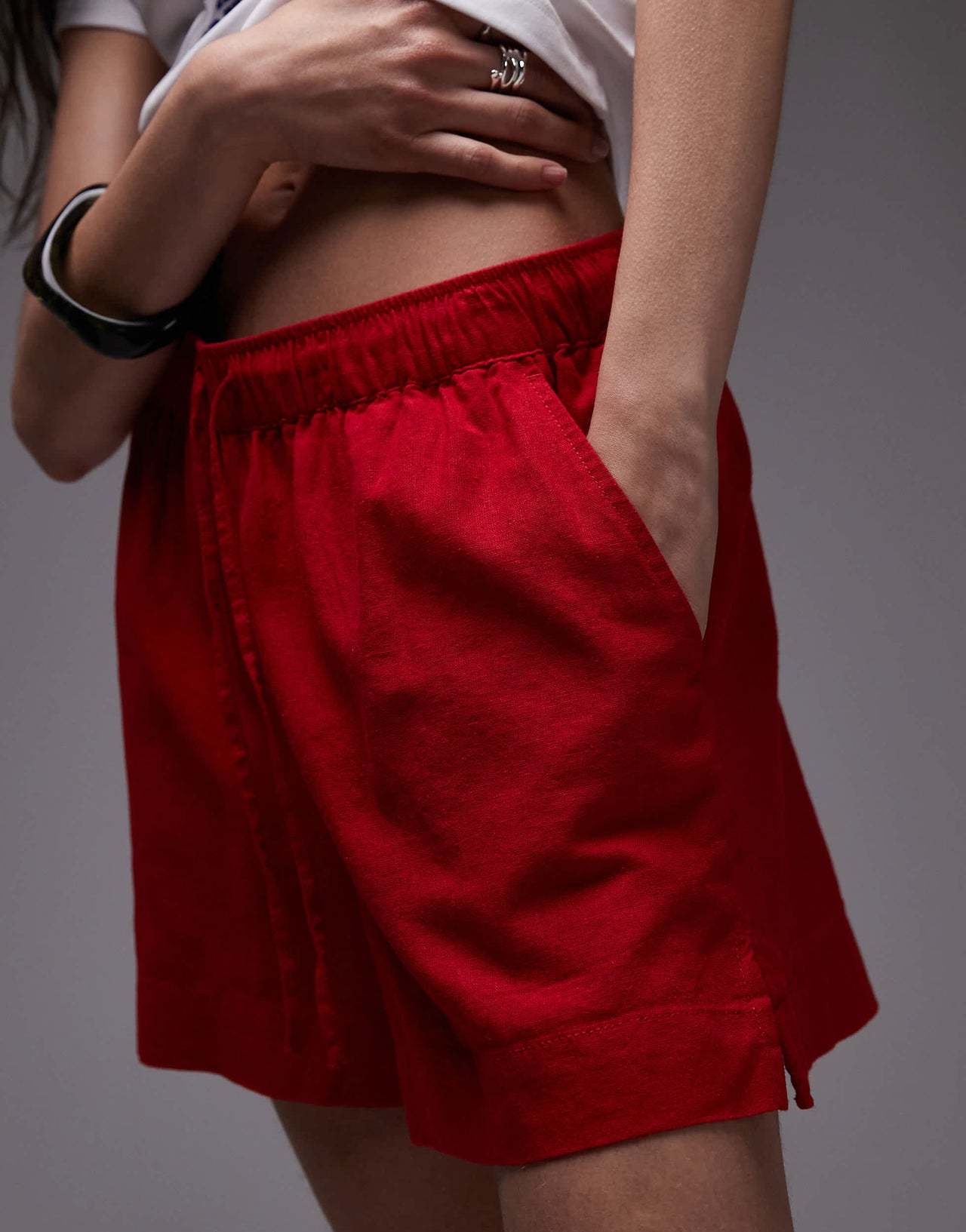 Topshop high rise drawcord linen shorts in red