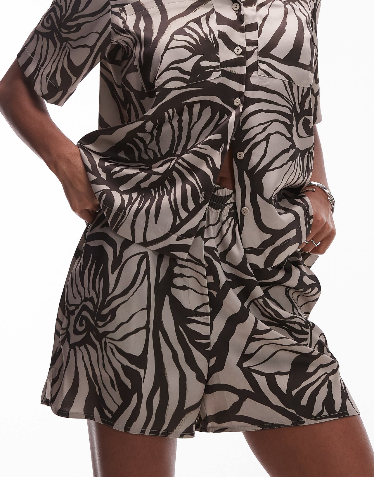 Topshop co ord shell print satin shorts in chocolate