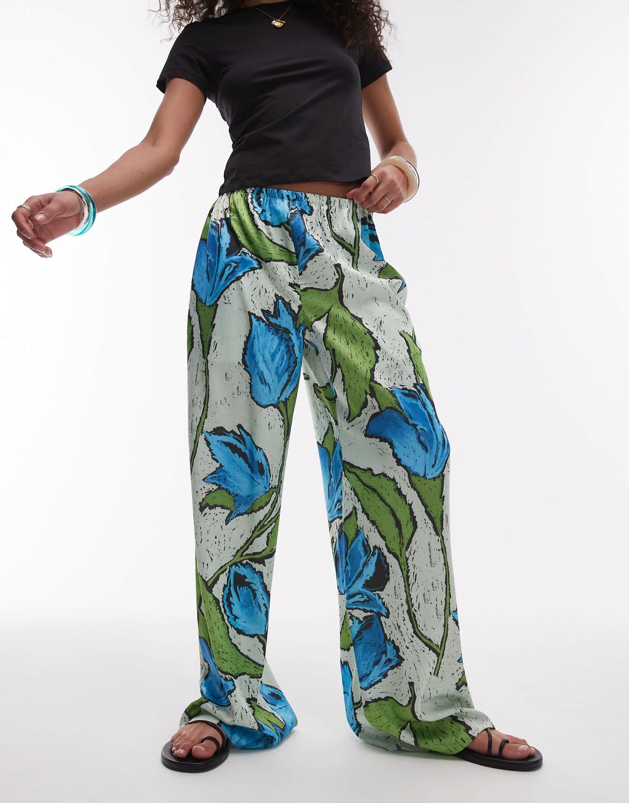 Topshop green and blue floral pull on satin wide leg trouser in green