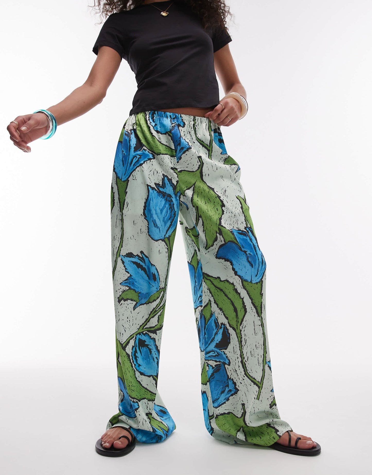 Topshop green and blue floral pull on satin wide leg trouser in green