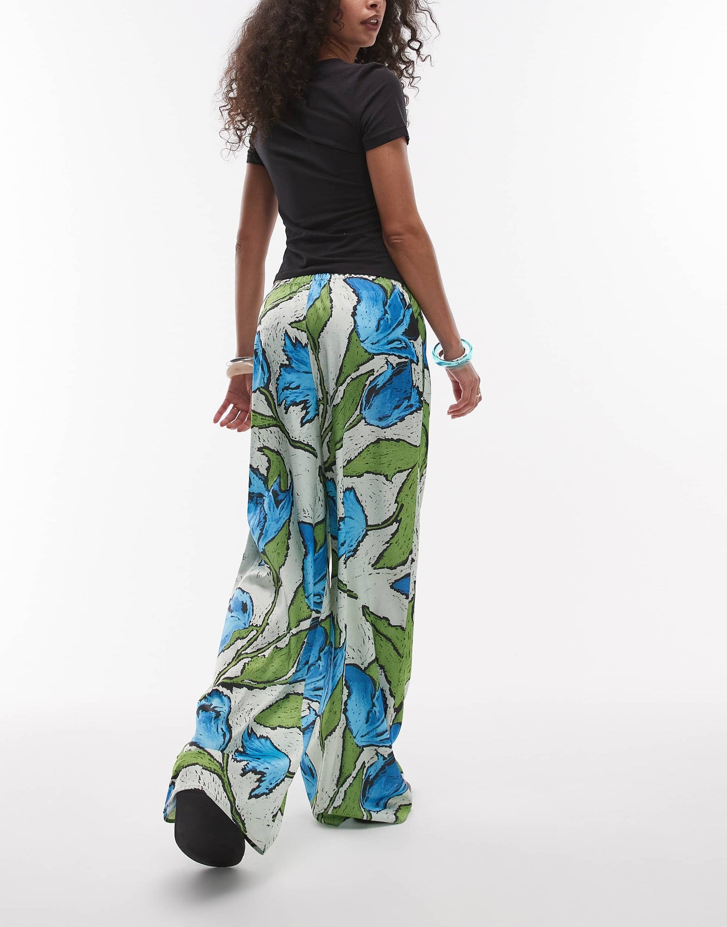 Topshop green and blue floral pull on satin wide leg trouser in green