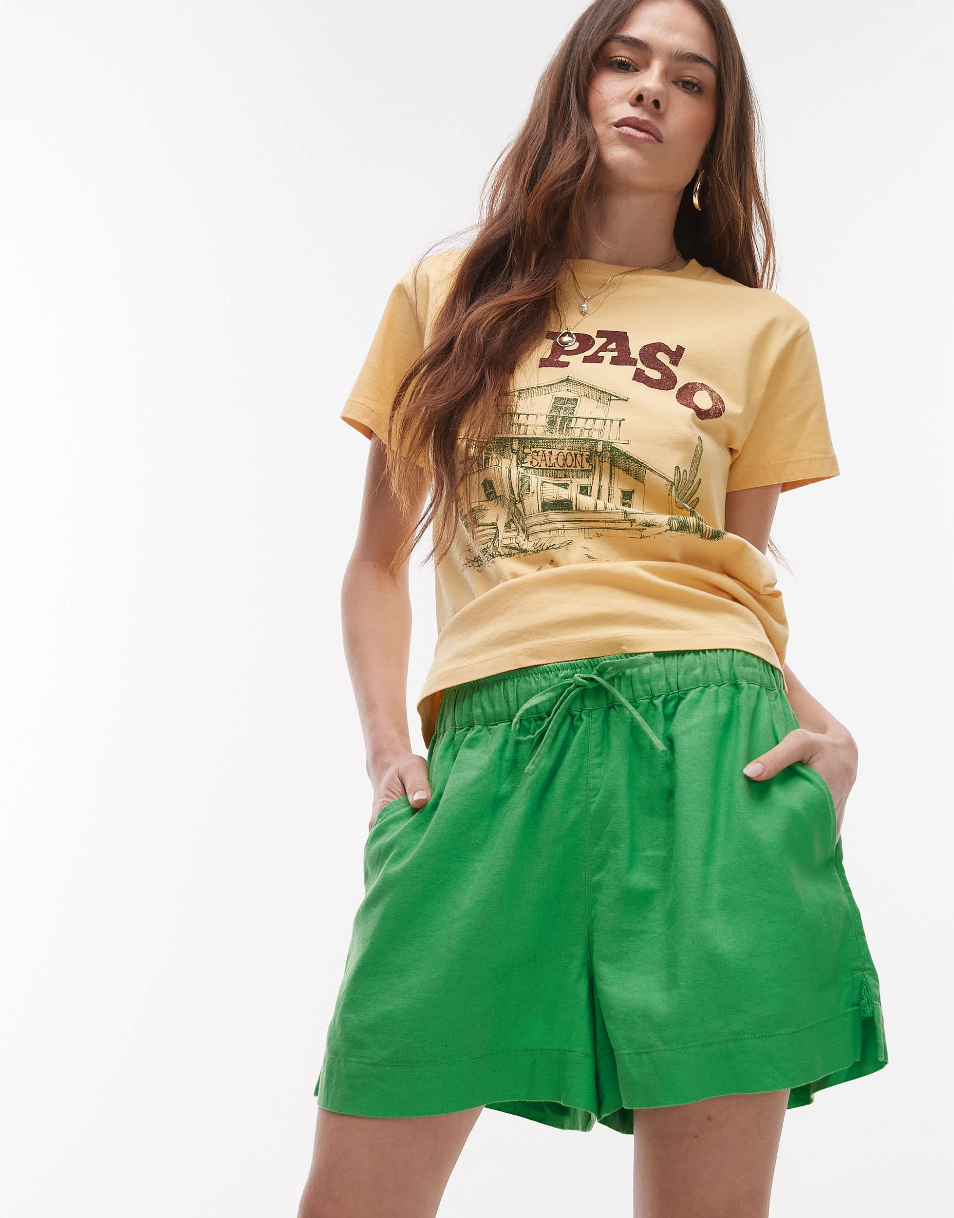 Topshop high rise drawcord linen shorts in green
