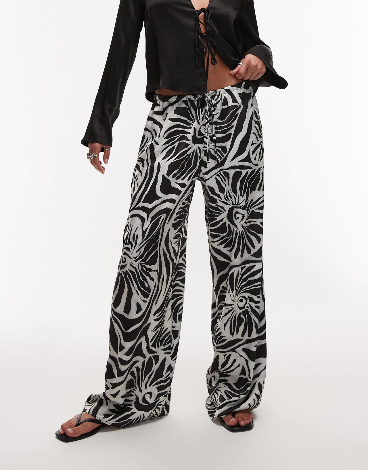 Topshop mono abstract shell print satin drawcord trousers in grey