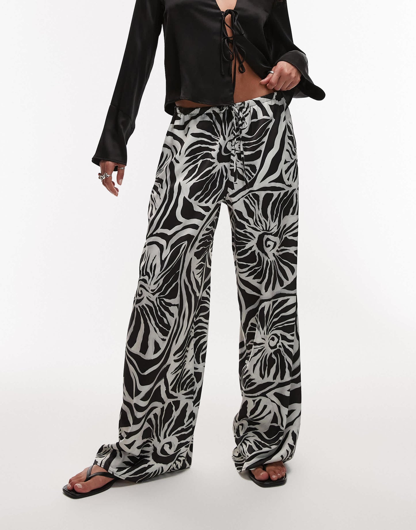 Topshop mono abstract shell print satin drawcord trousers in grey
