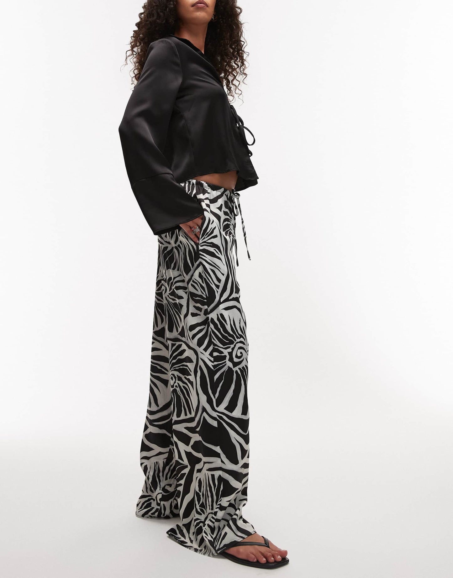 Topshop mono abstract shell print satin drawcord trousers in grey