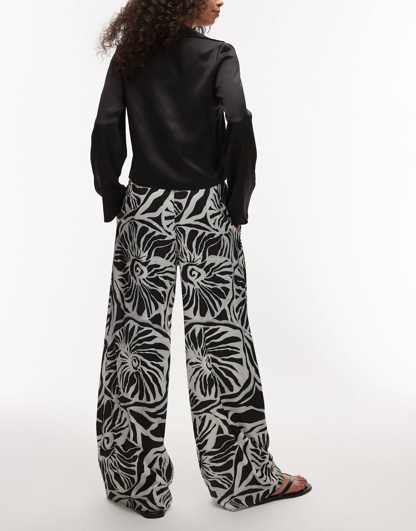 Topshop mono abstract shell print satin drawcord trousers in grey