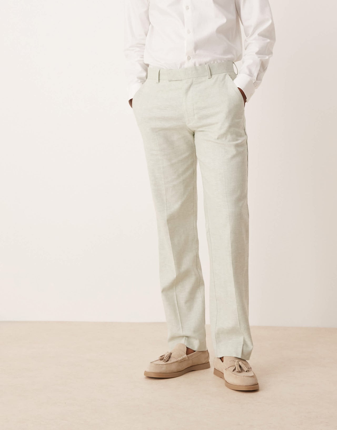 ASOS DESIGN linen blend straight leg suit trousers in mint green