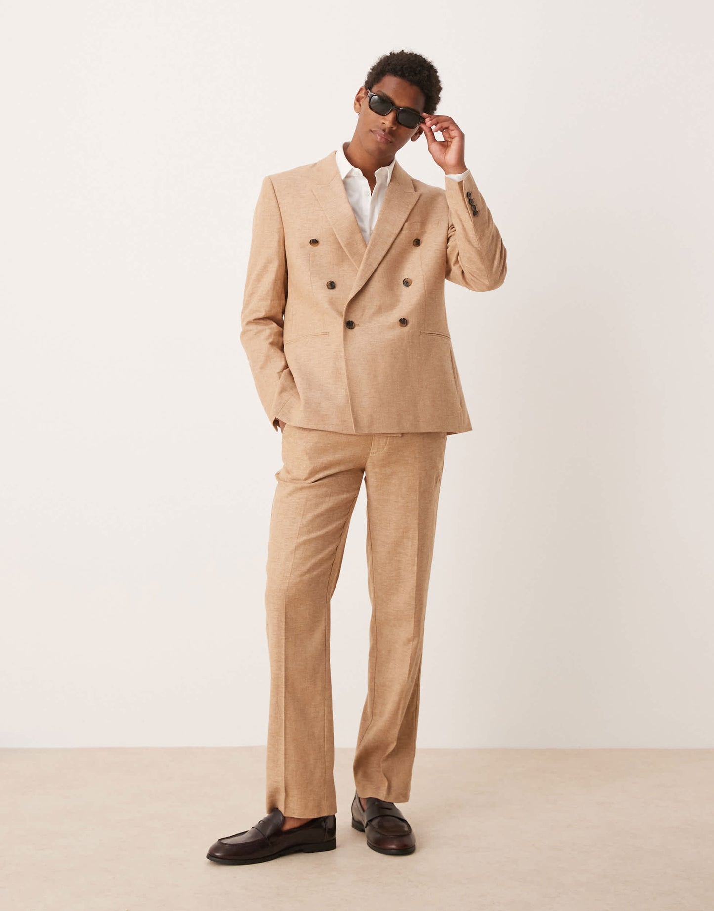 ASOS DESIGN linen blend straight leg suit trousers in camel