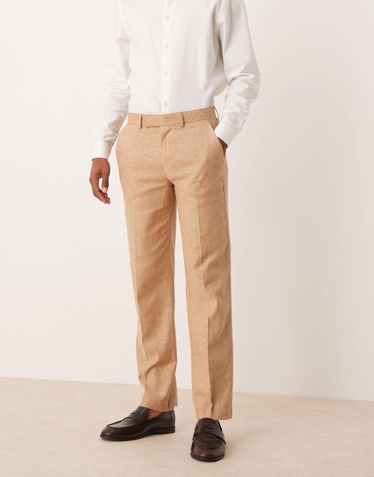 ASOS DESIGN linen blend straight leg suit trousers in camel