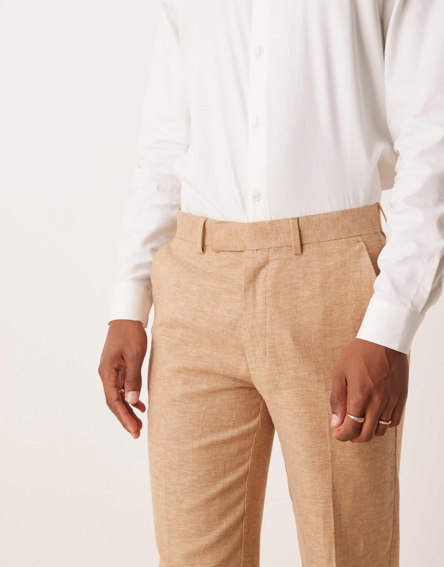 ASOS DESIGN linen blend straight leg suit trousers in camel
