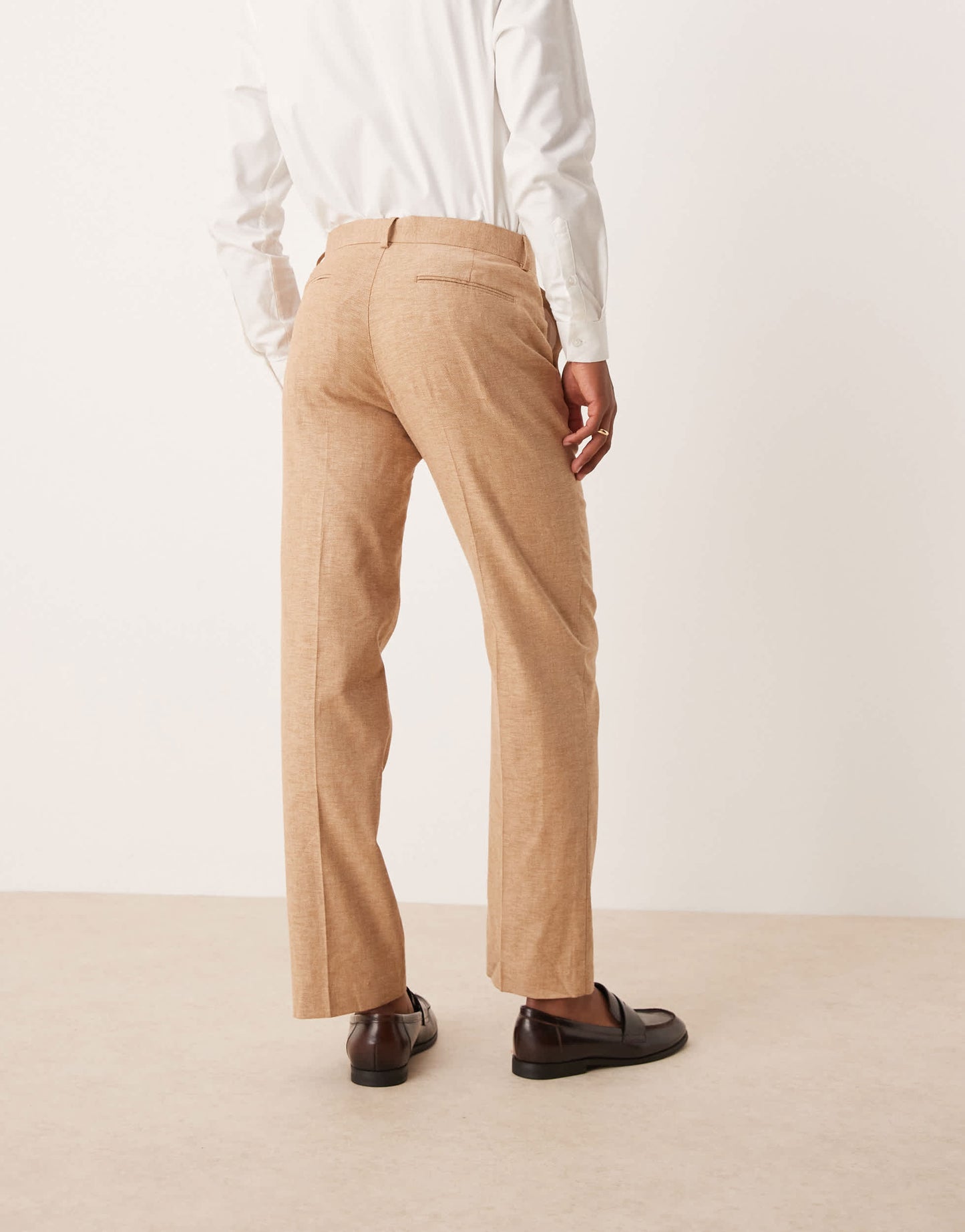 ASOS DESIGN linen blend straight leg suit trousers in camel