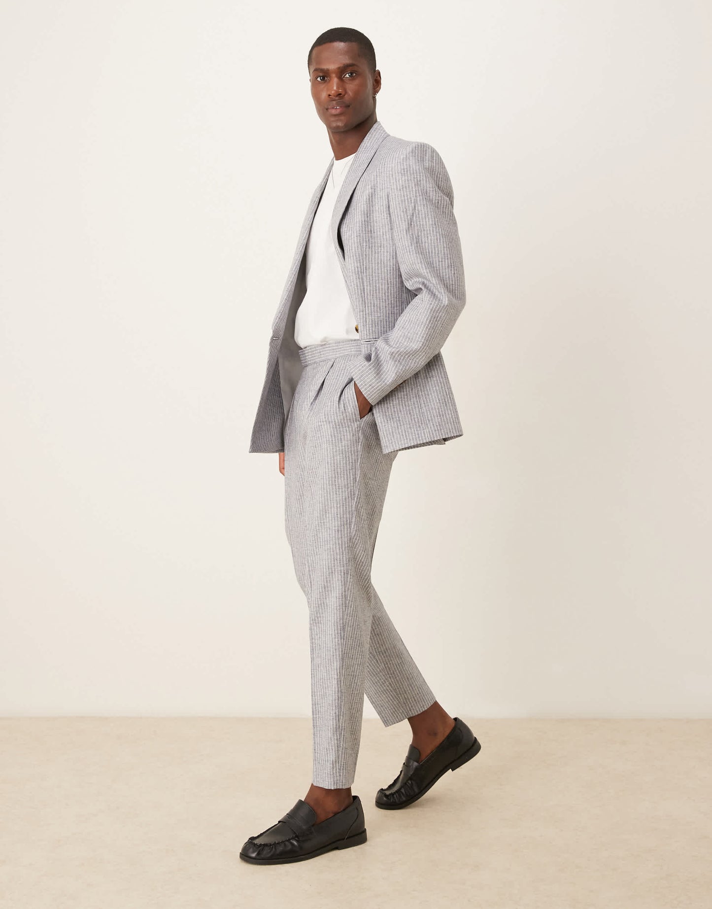 ASOS DESIGN linen blend tapered suit trousers in blue stripe