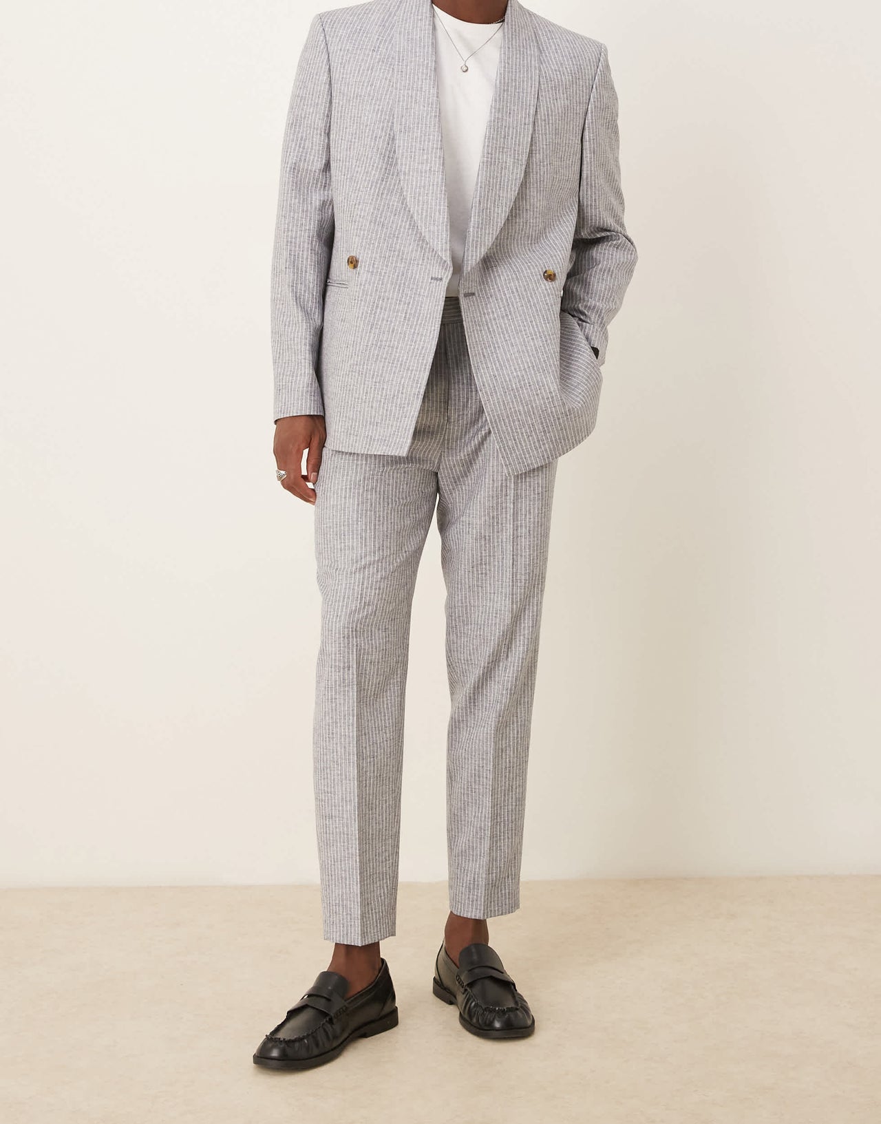 ASOS DESIGN linen blend tapered suit trousers in blue stripe