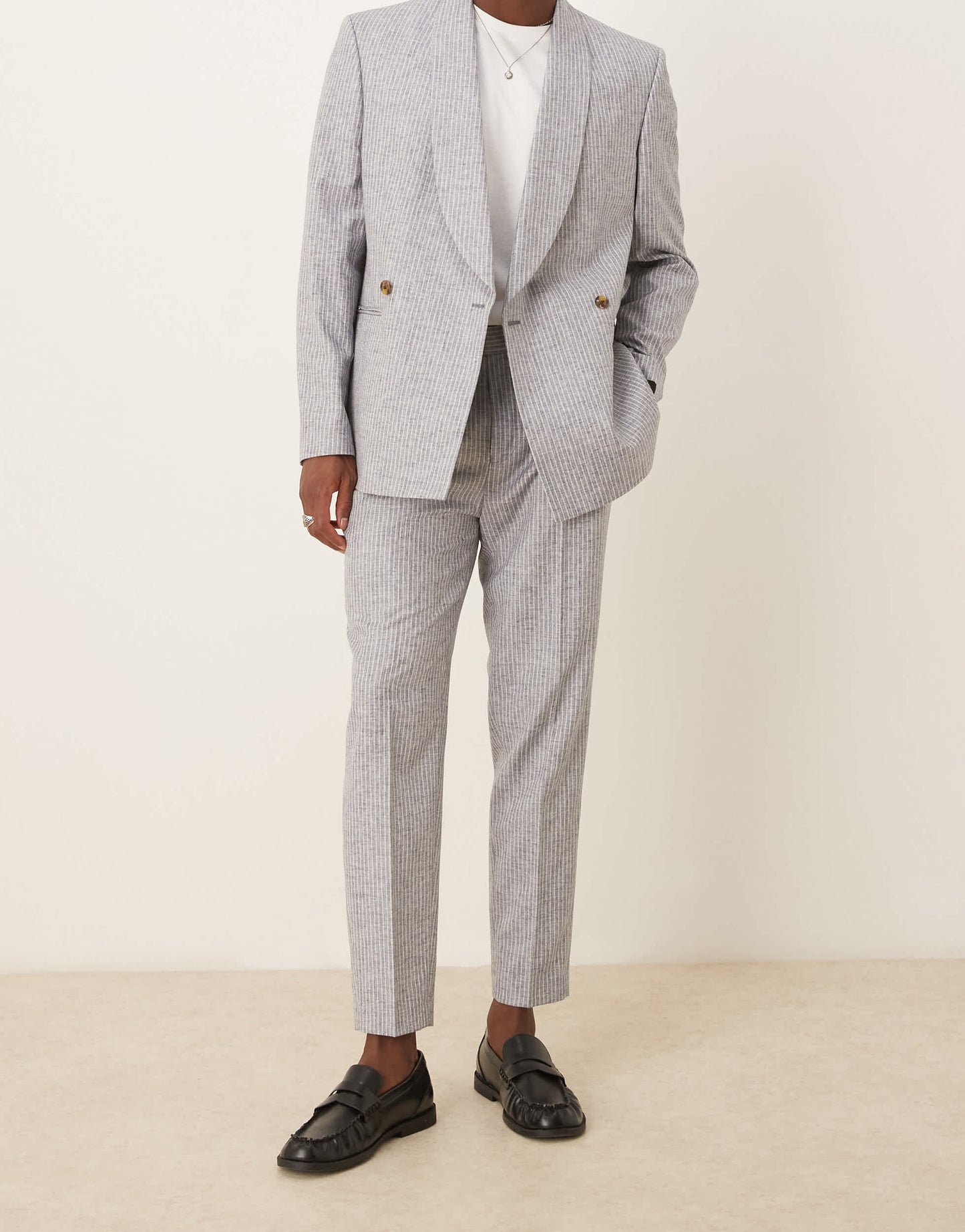 ASOS DESIGN linen blend tapered suit trousers in blue stripe