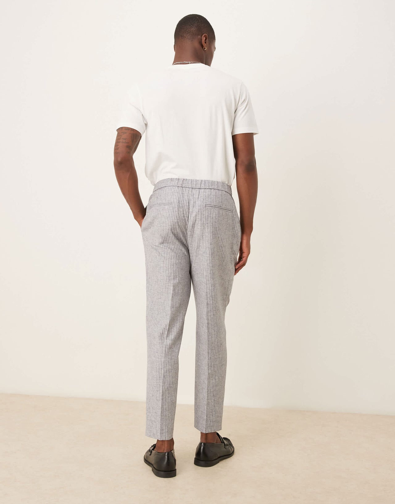 ASOS DESIGN linen blend tapered suit trousers in blue stripe