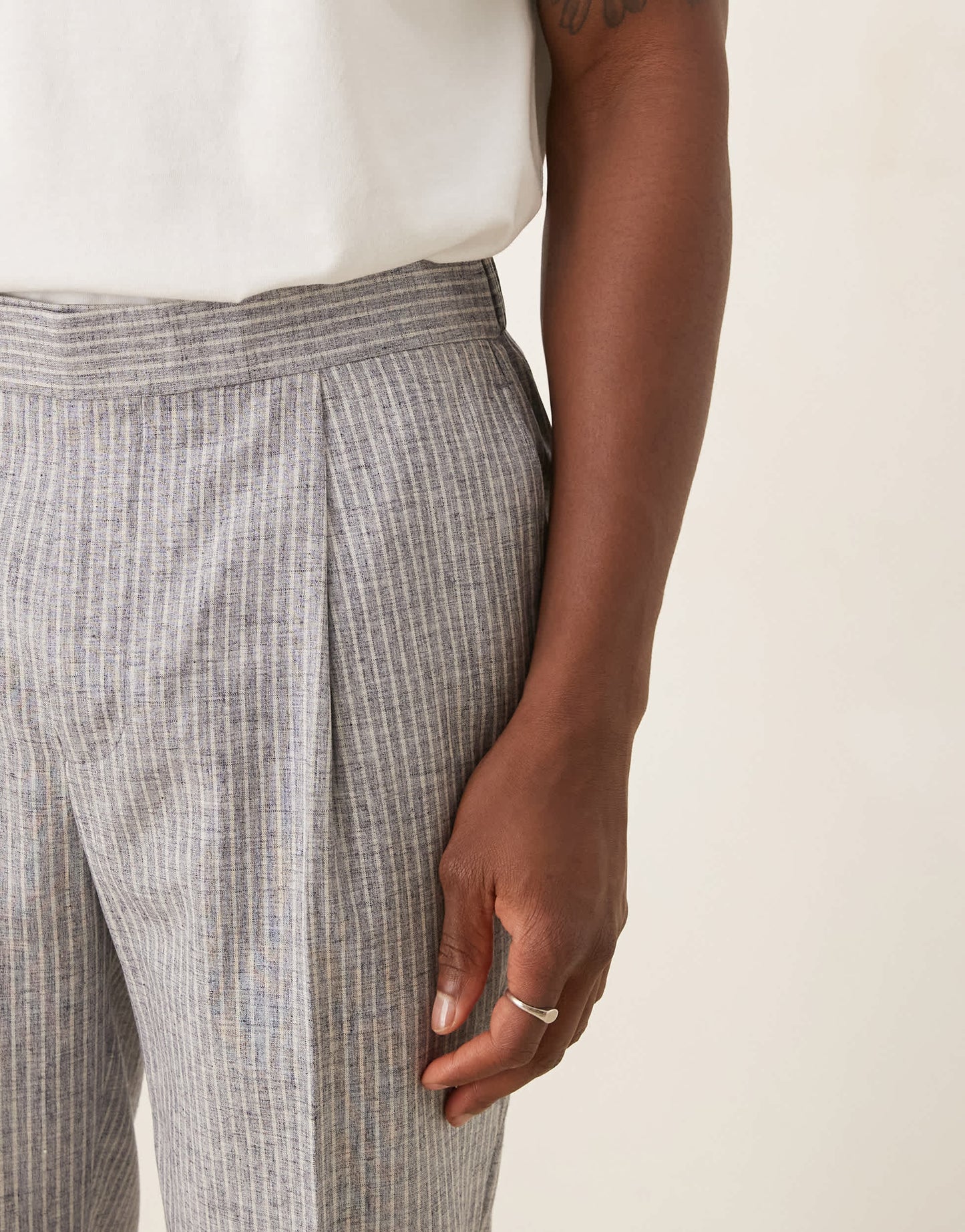 ASOS DESIGN linen blend tapered suit trousers in blue stripe