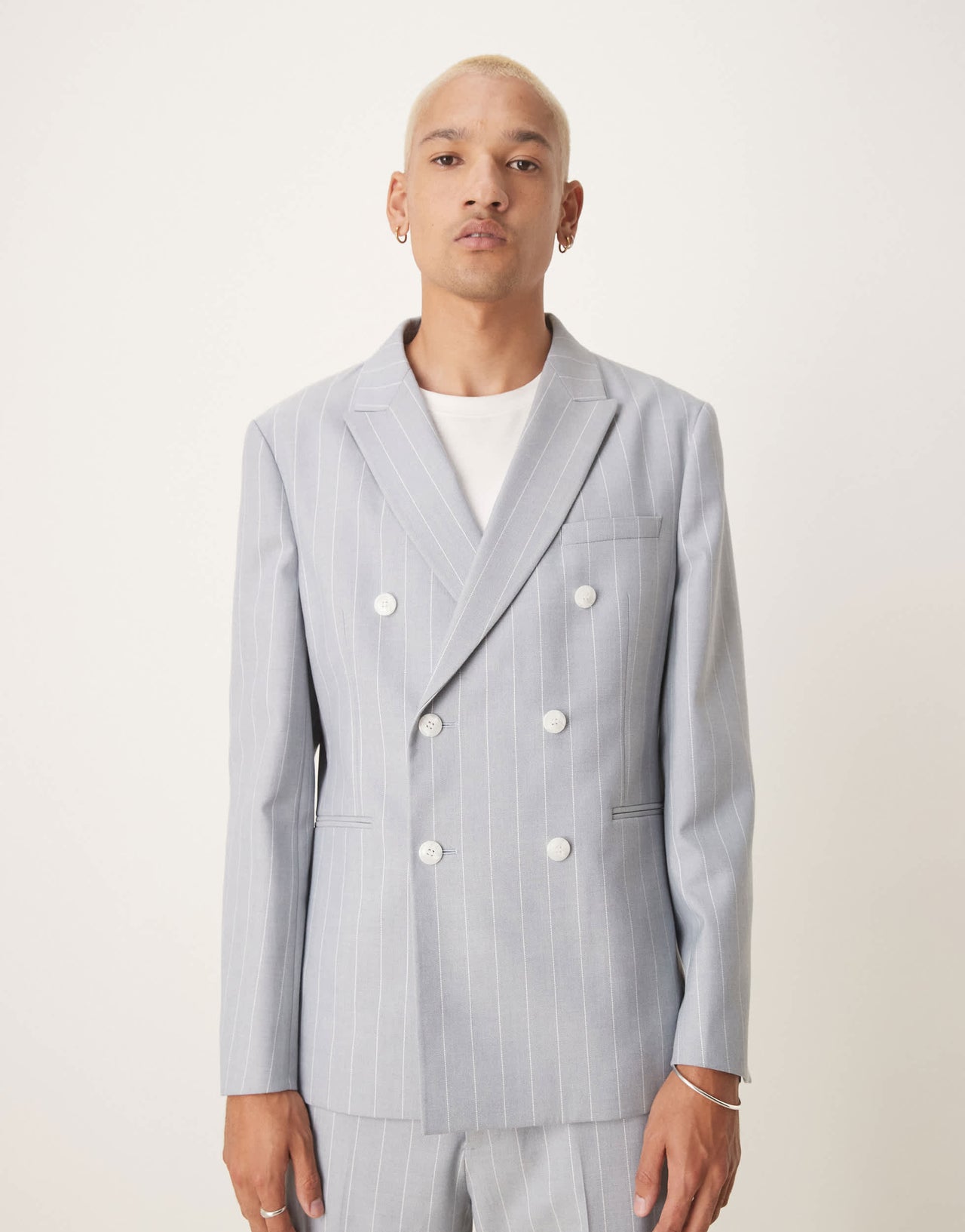 ASOS DESIGN slim suit jacket with linen in blue pinstripe