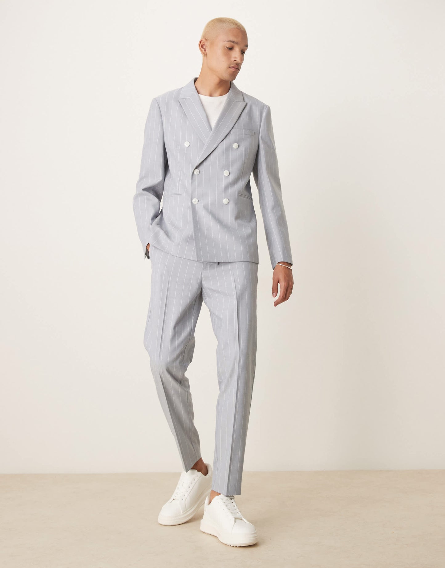 ASOS DESIGN slim suit jacket with linen in blue pinstripe