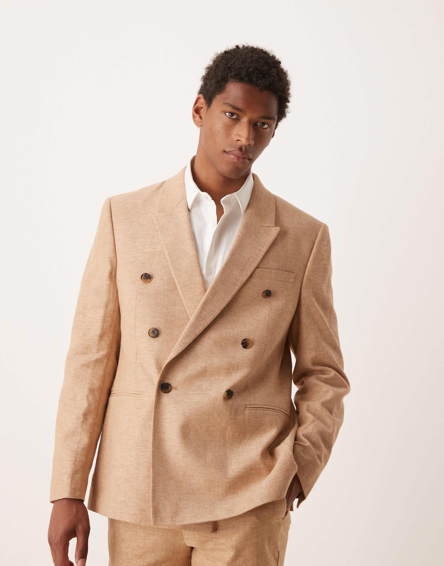ASOS DESIGN double breasted linen blend regular suit jacket in camel