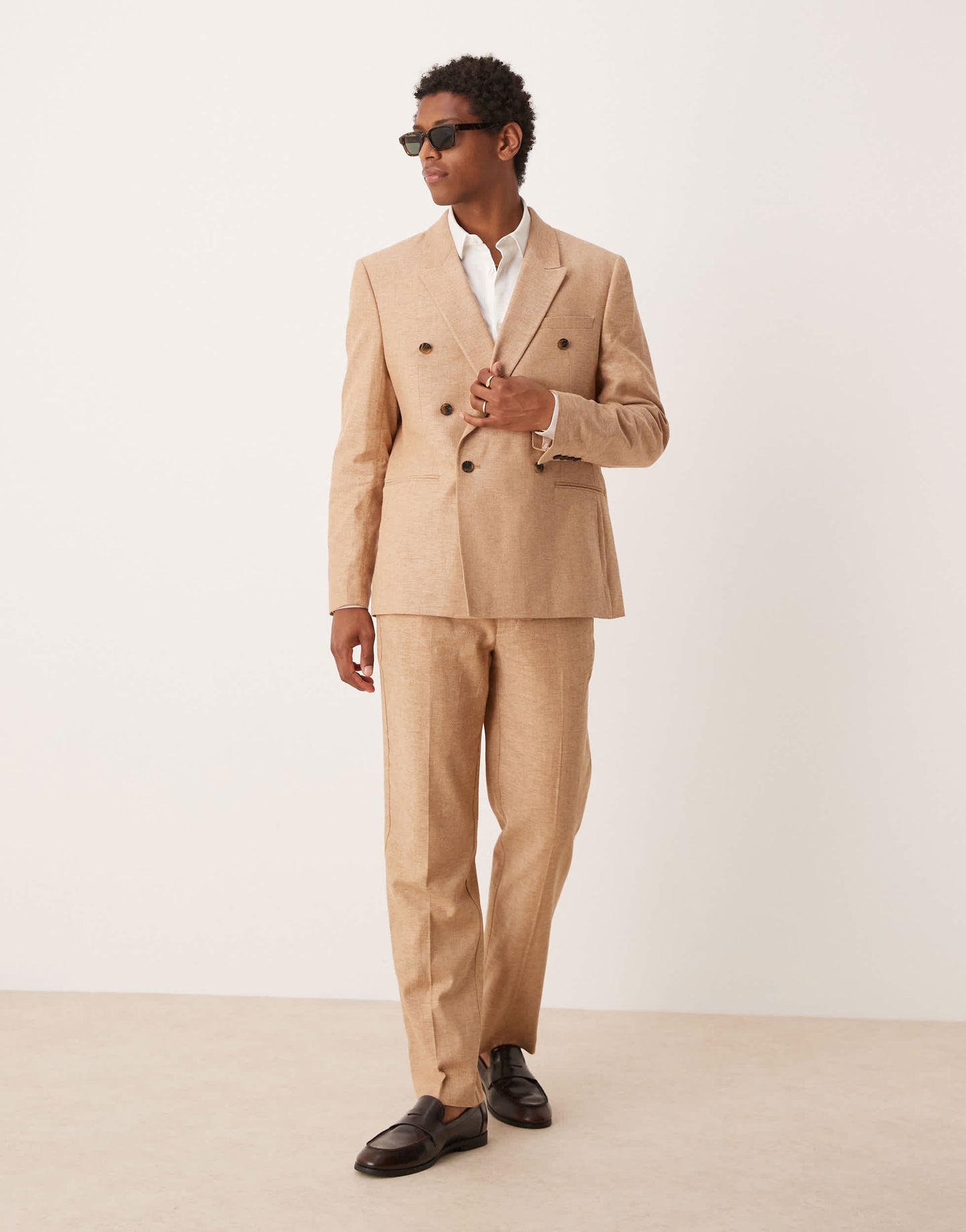ASOS DESIGN double breasted linen blend regular suit jacket in camel