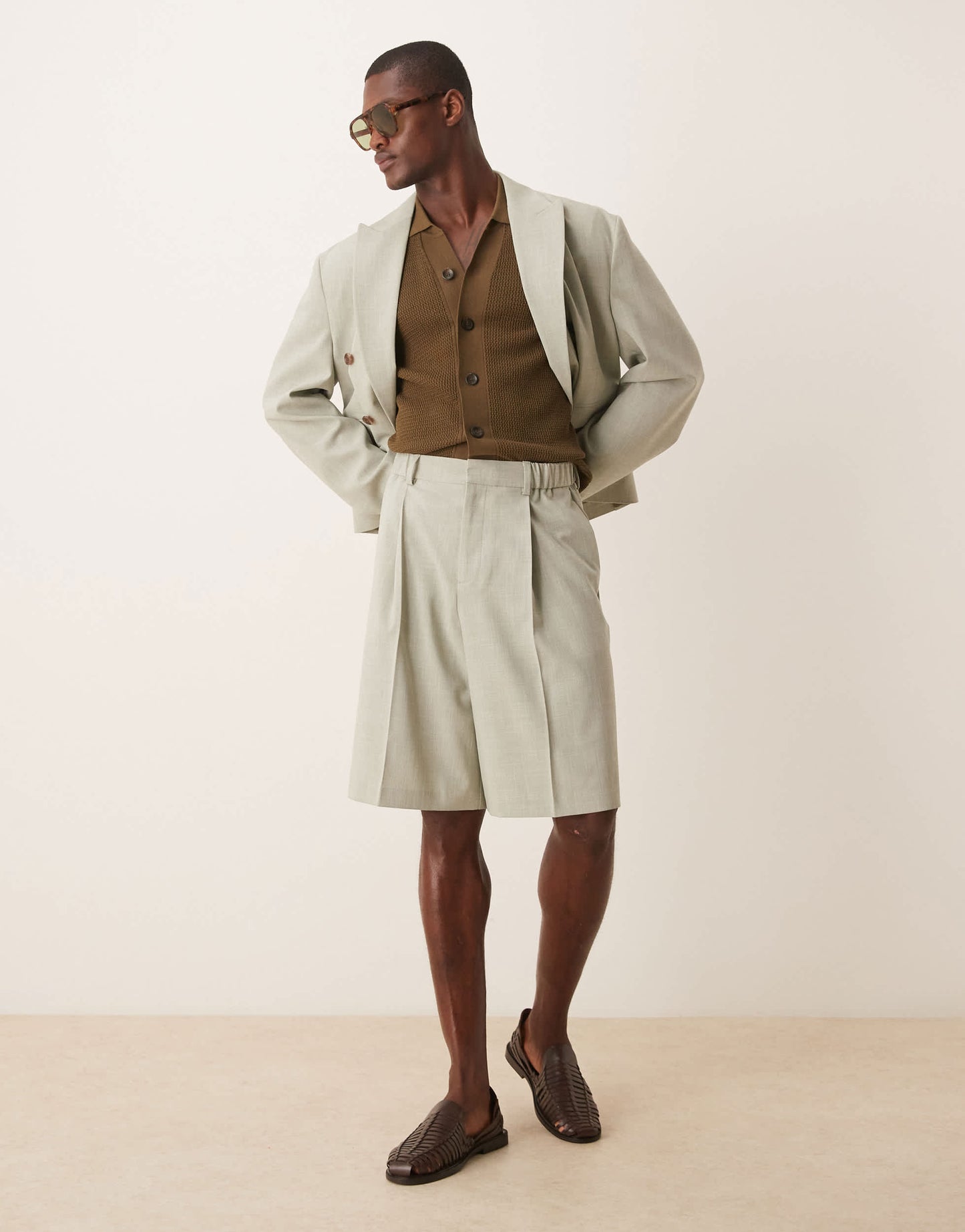 ASOS DESIGN linen look wide suit short in sage green