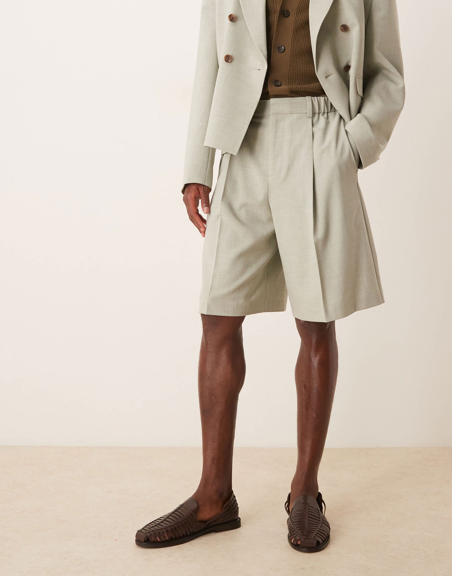 ASOS DESIGN linen look wide suit short in sage green