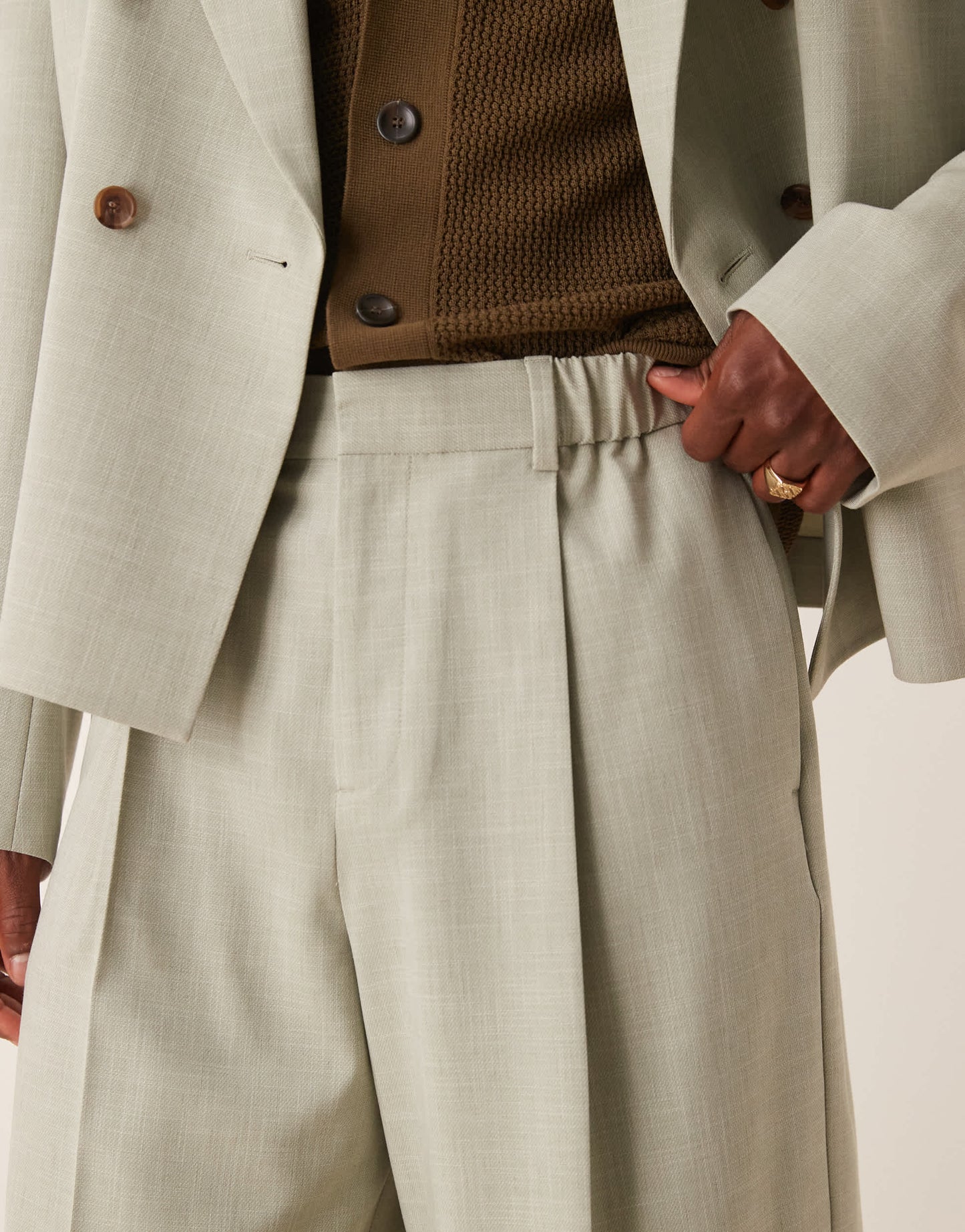 ASOS DESIGN linen look wide suit short in sage green