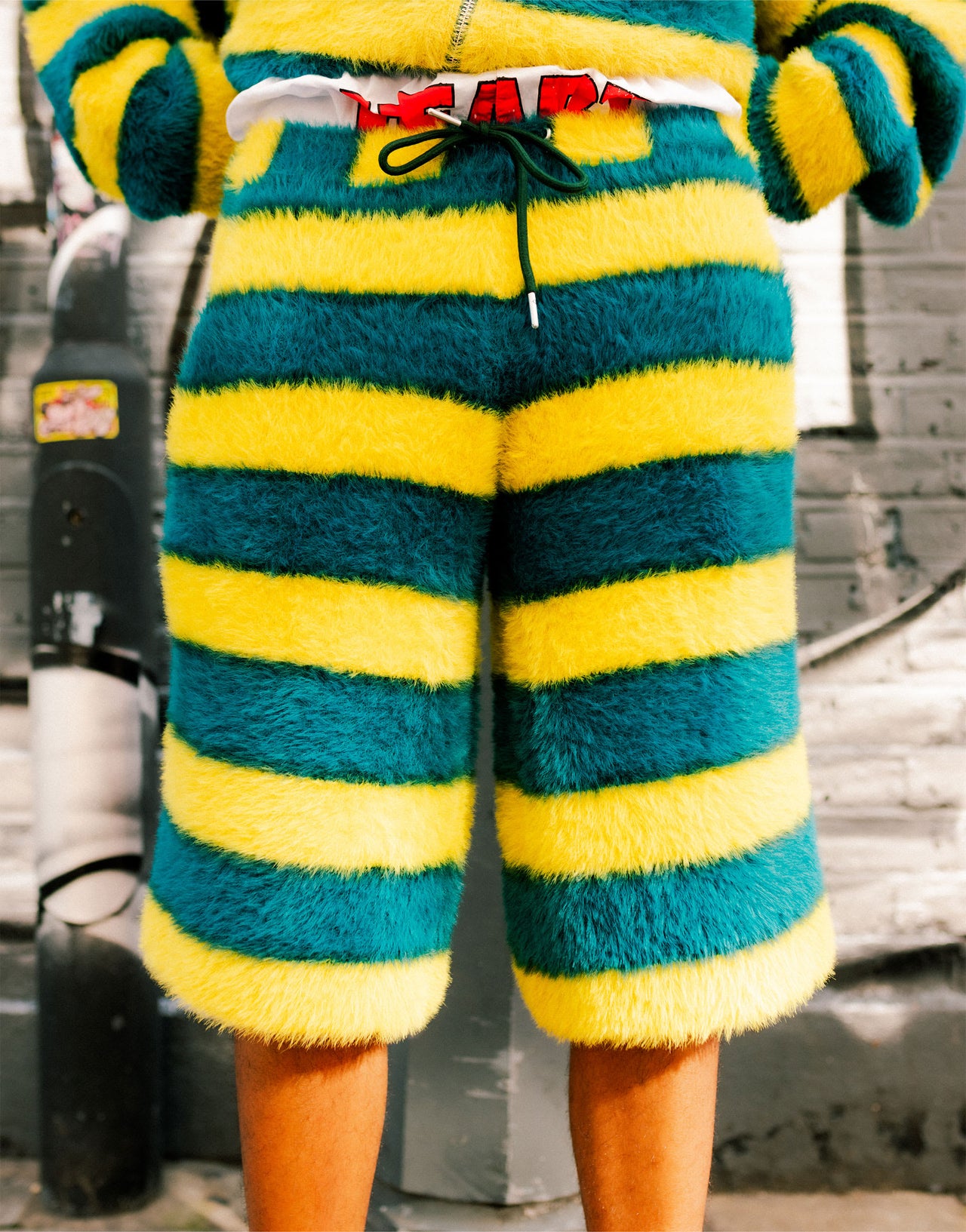 Labelrail x OliBrom fluffy longline shorts in yellow and green stripe co-ord
