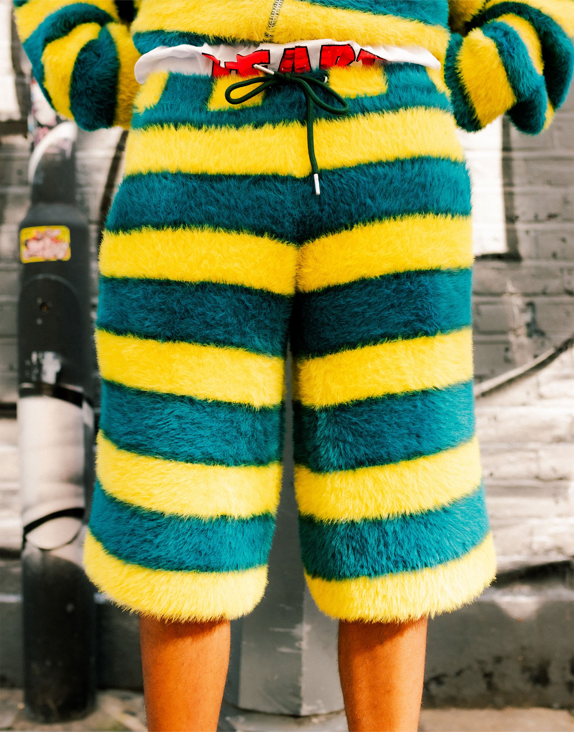 Labelrail x OliBrom fluffy longline shorts in yellow and green stripe co-ord