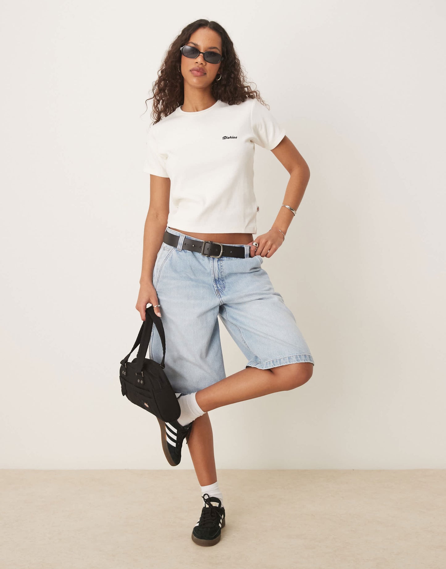 Dickies lewistown embroidered logo long line baby tee in off white