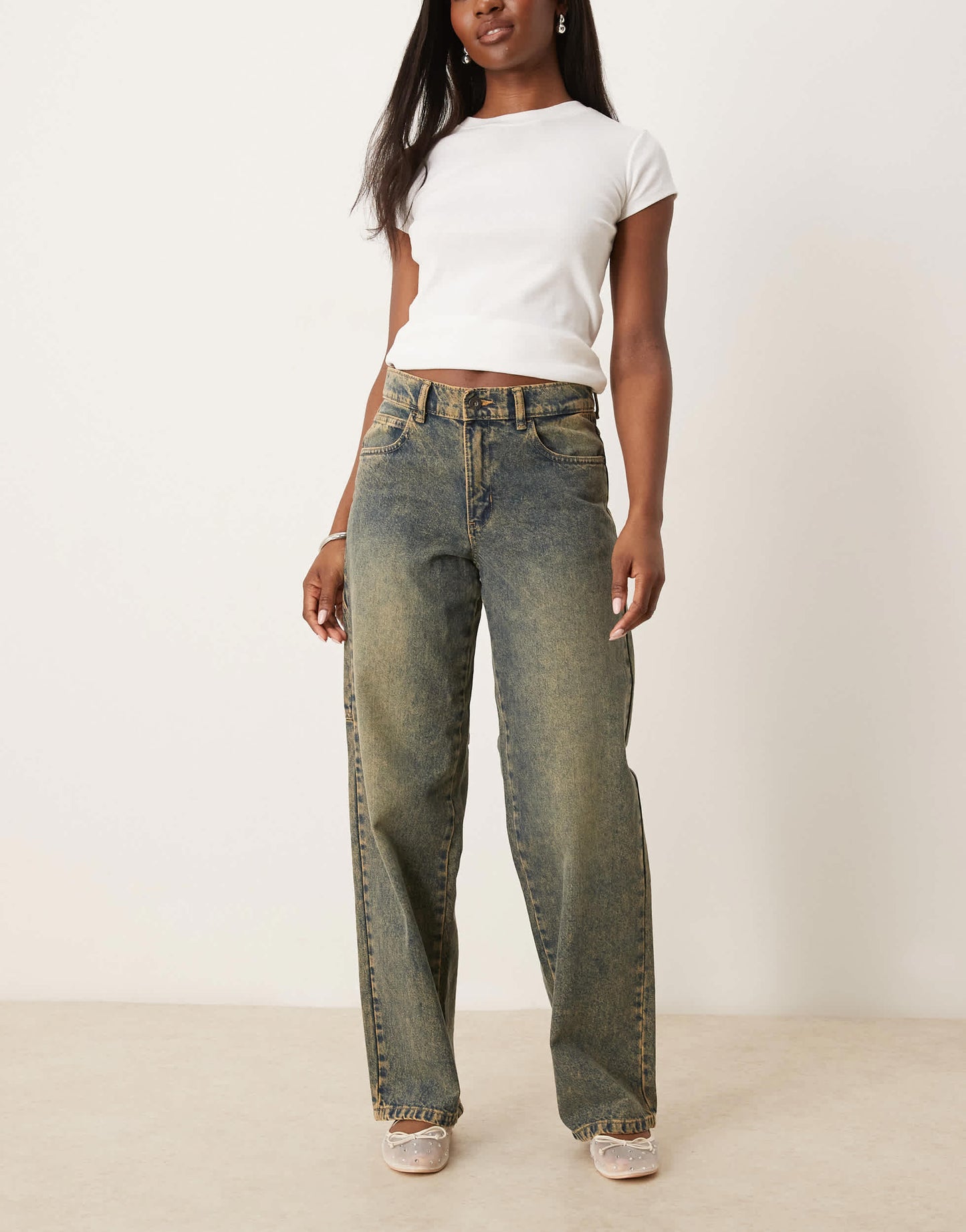 Dickies herndon mid rise loose wide leg denim jeans in indigo with yellow fade