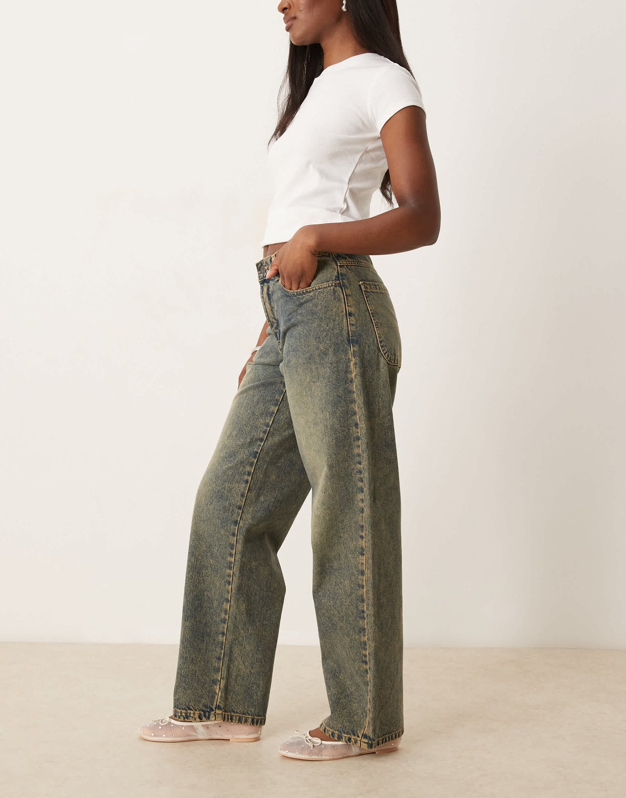 Dickies herndon mid rise loose wide leg denim jeans in indigo with yellow fade