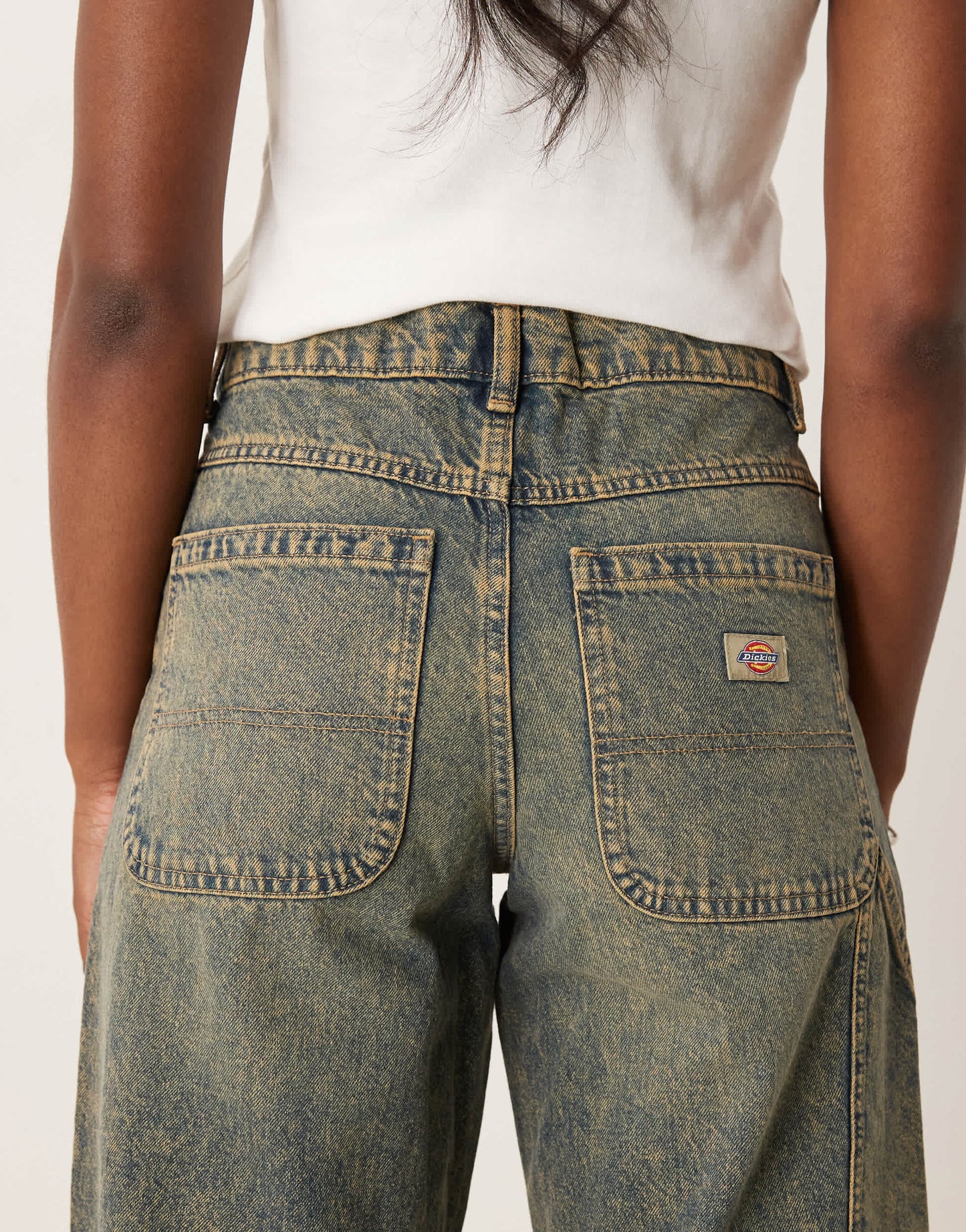 Dickies herndon mid rise loose wide leg denim jeans in indigo with yellow fade