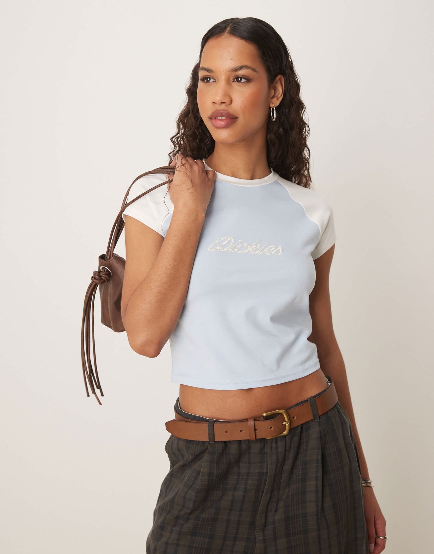 Dickies western rope logo raglan baby tee in light blue and off white
