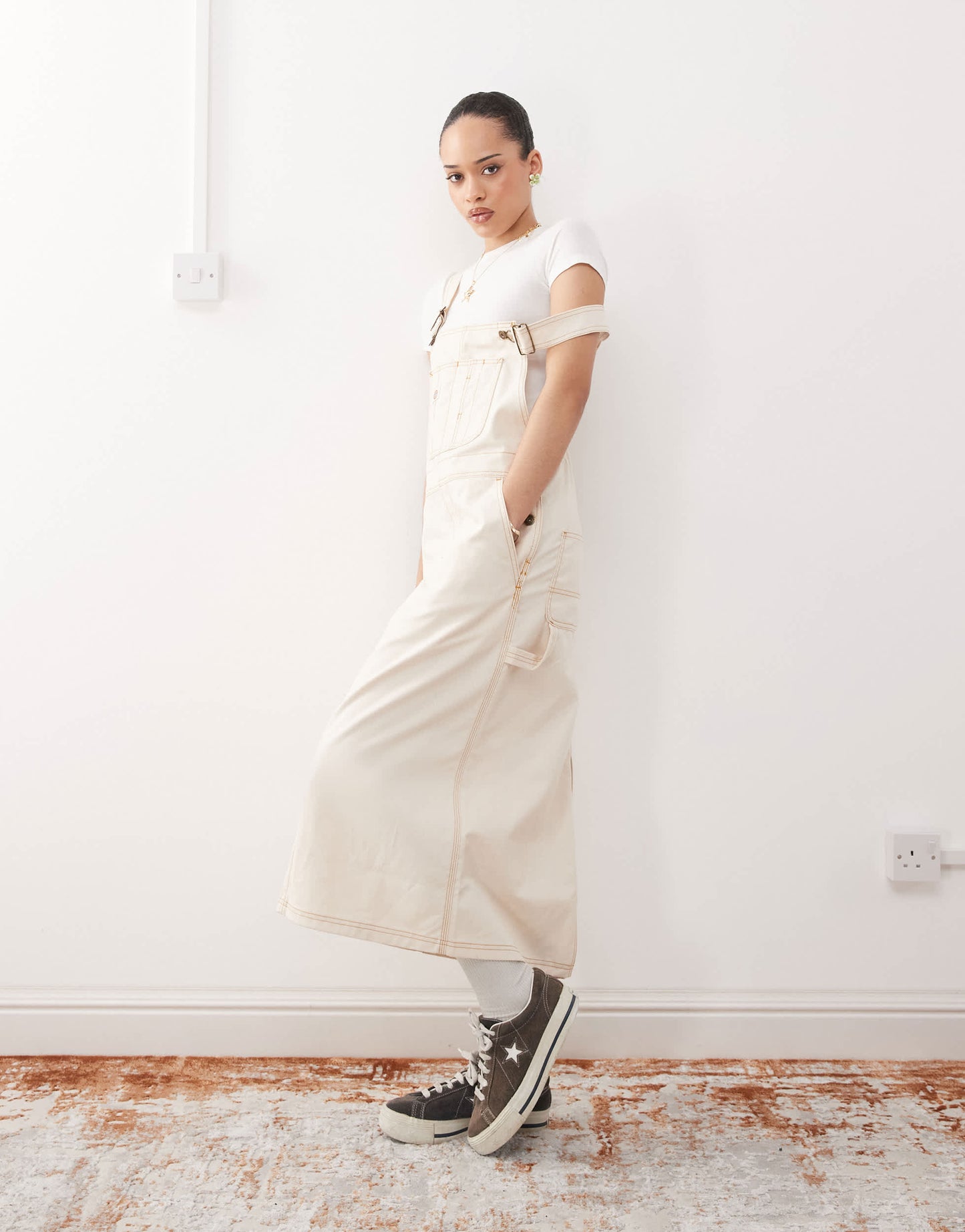 Dickies long overall denim dungaree dress in off white