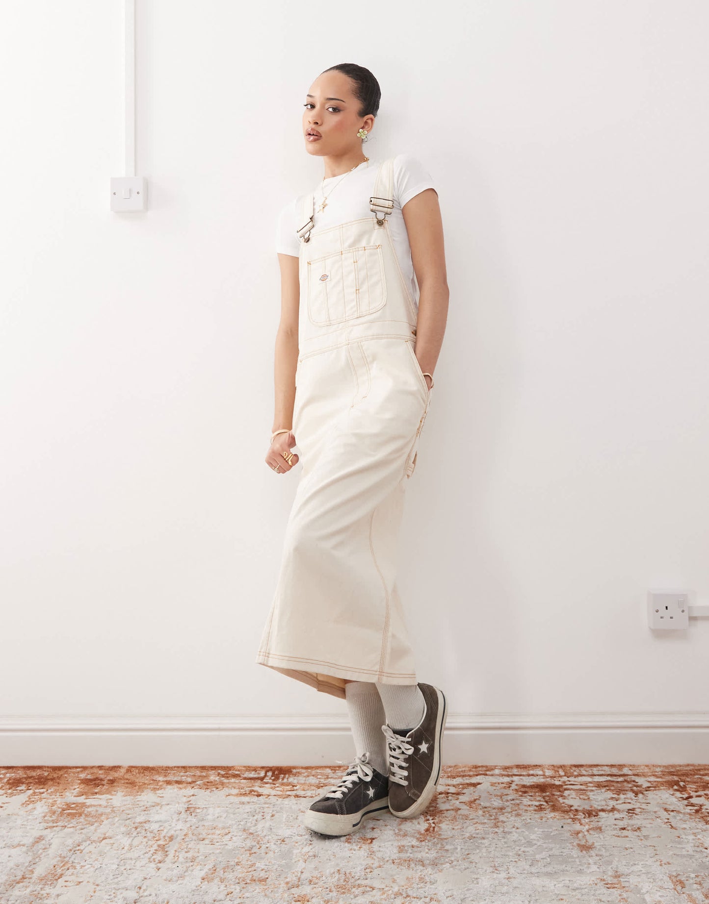Dickies long overall denim dungaree dress in off white