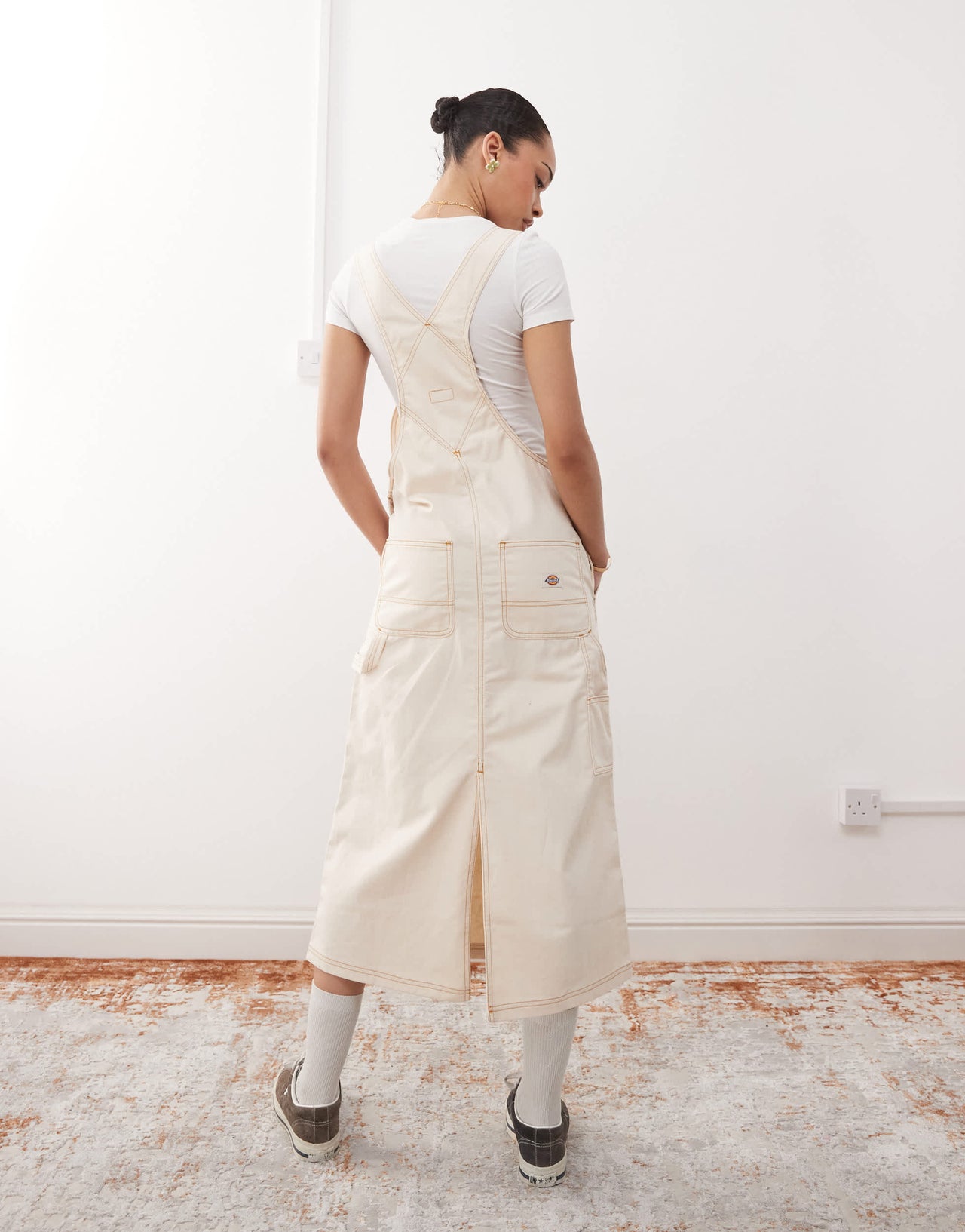 Dickies long overall denim dungaree dress in off white