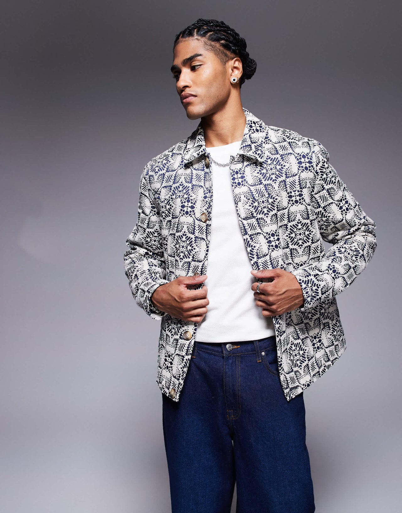 ASOS DESIGN crochet jacquard harrington jacket in stone