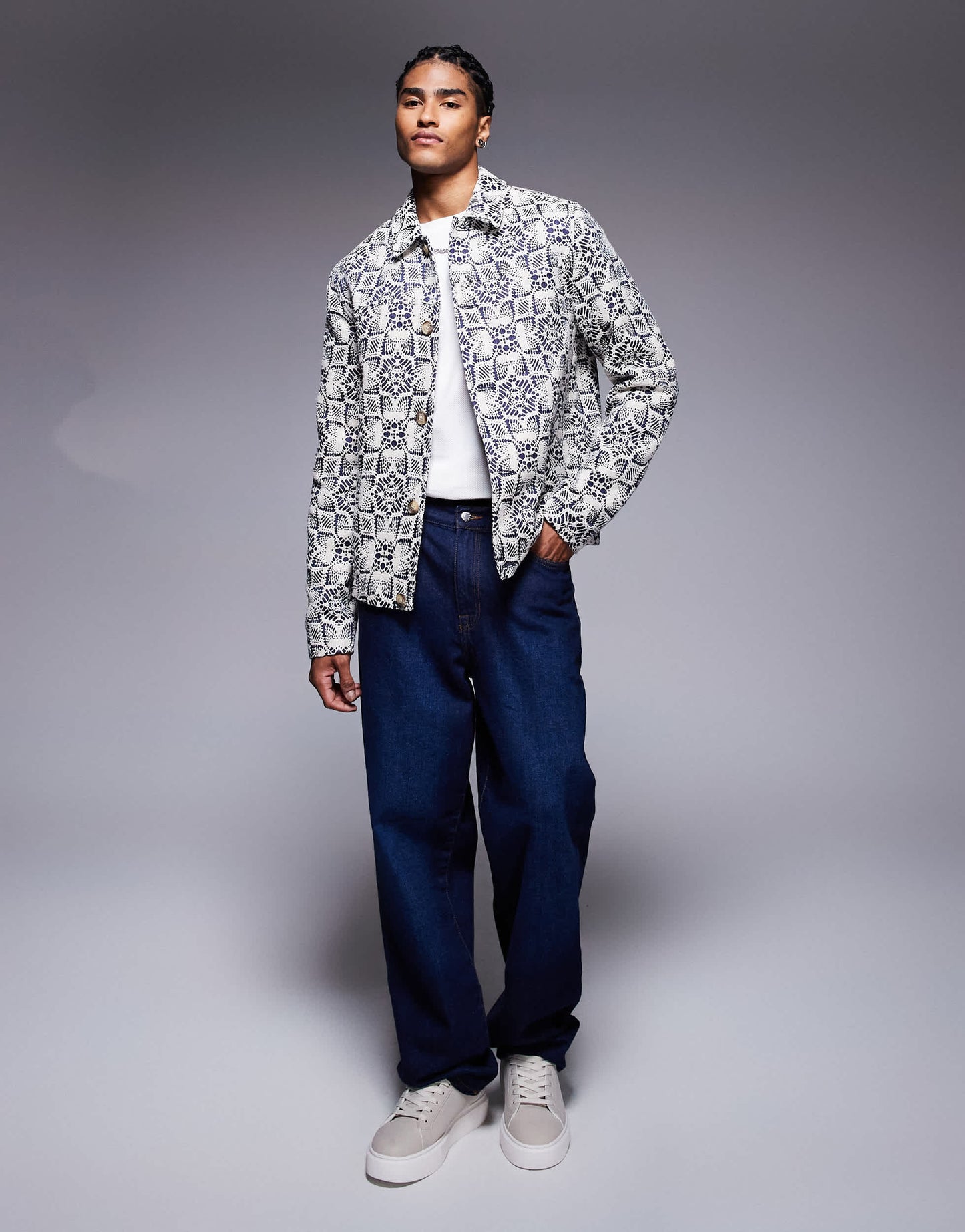 ASOS DESIGN crochet jacquard harrington jacket in stone