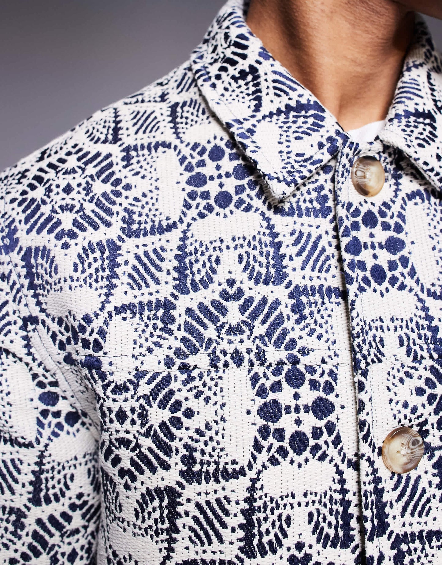 ASOS DESIGN crochet jacquard harrington jacket in stone