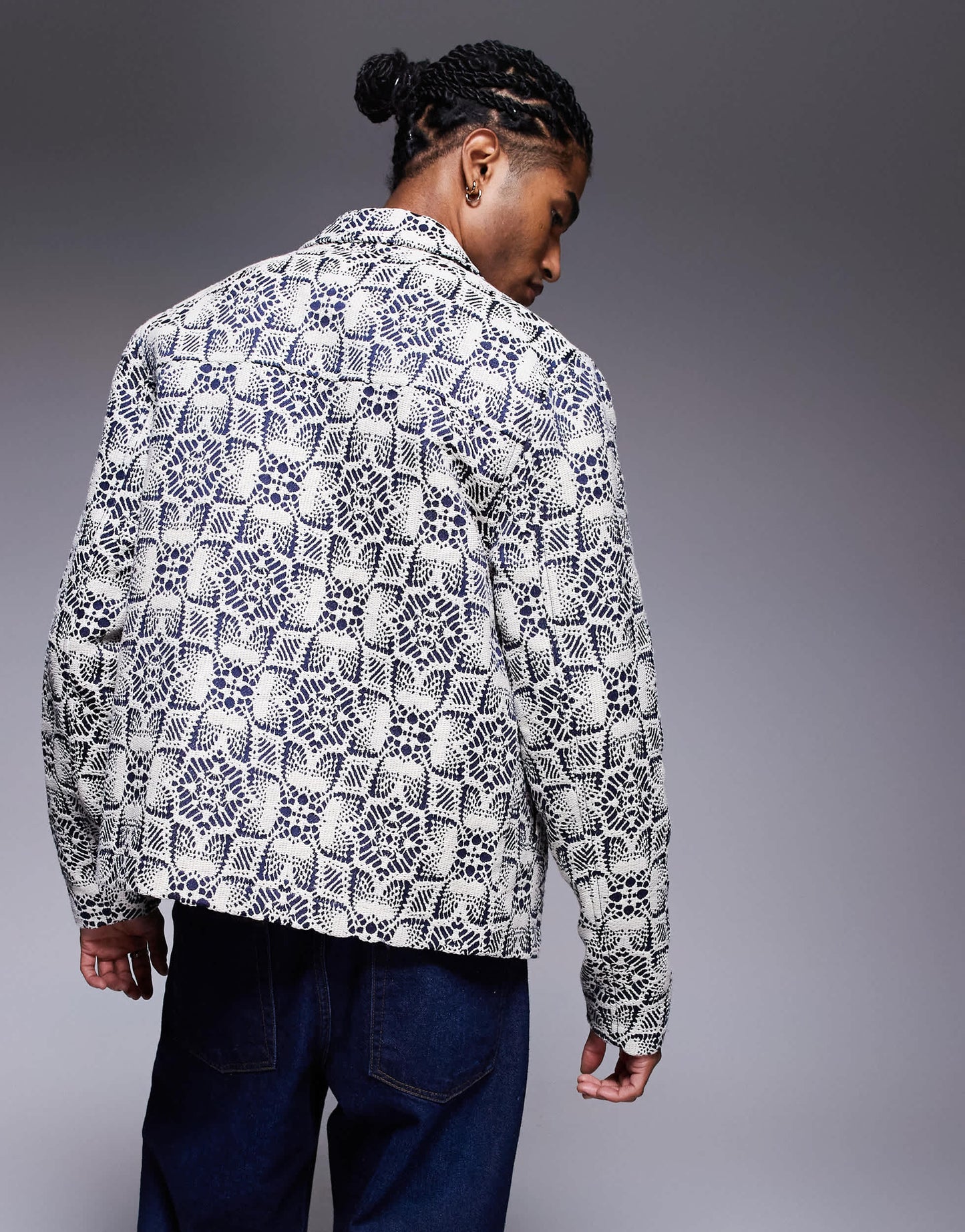 ASOS DESIGN crochet jacquard harrington jacket in stone