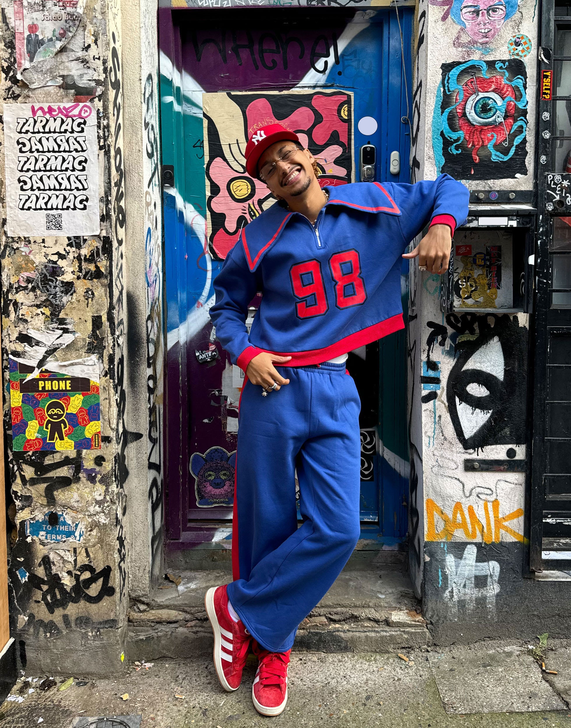 Labelrail x OliBrom straight leg joggers in blue and red co-ord