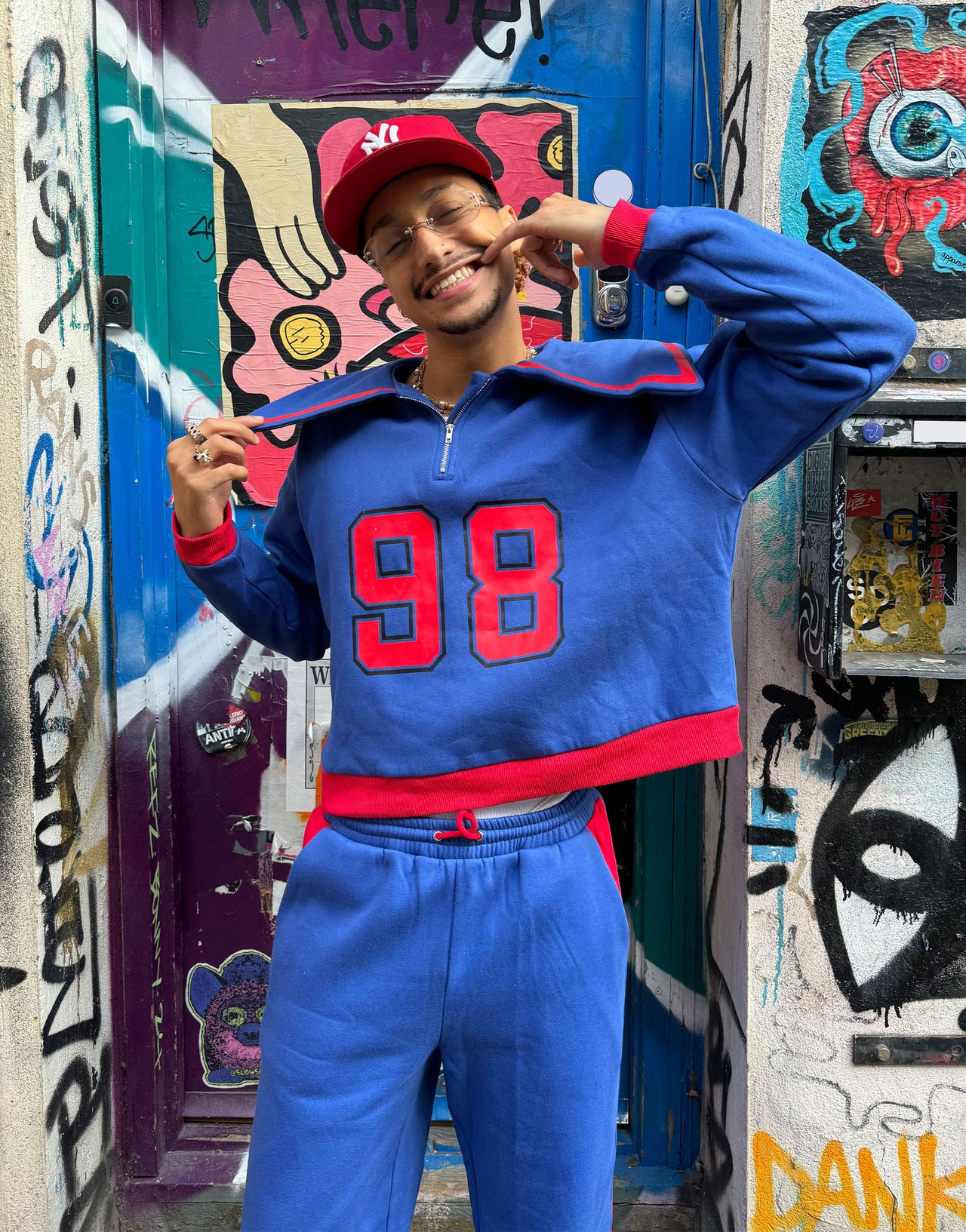 Labelrail x OliBrom straight leg joggers in blue and red co-ord
