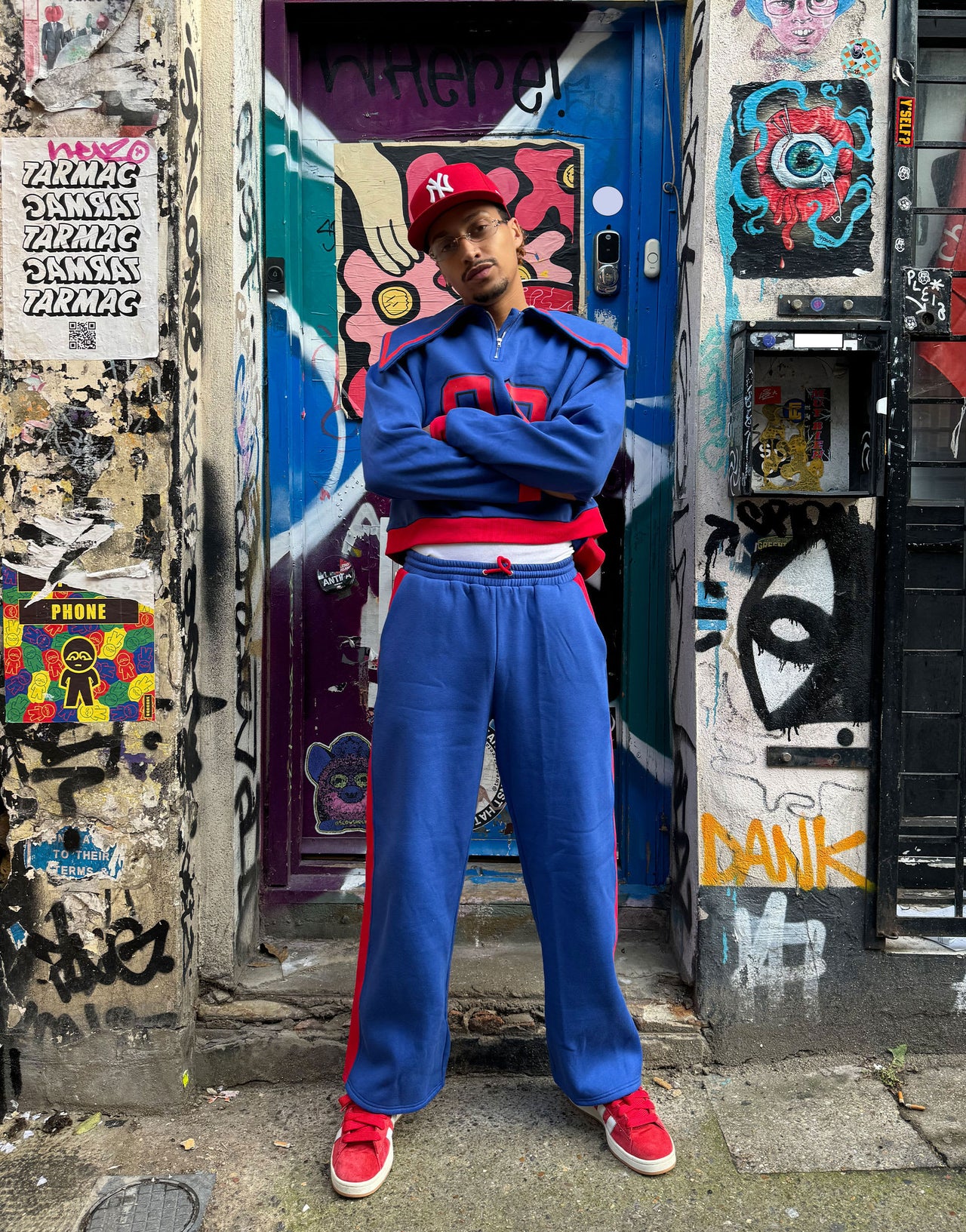 Labelrail x OliBrom straight leg joggers in blue and red co-ord