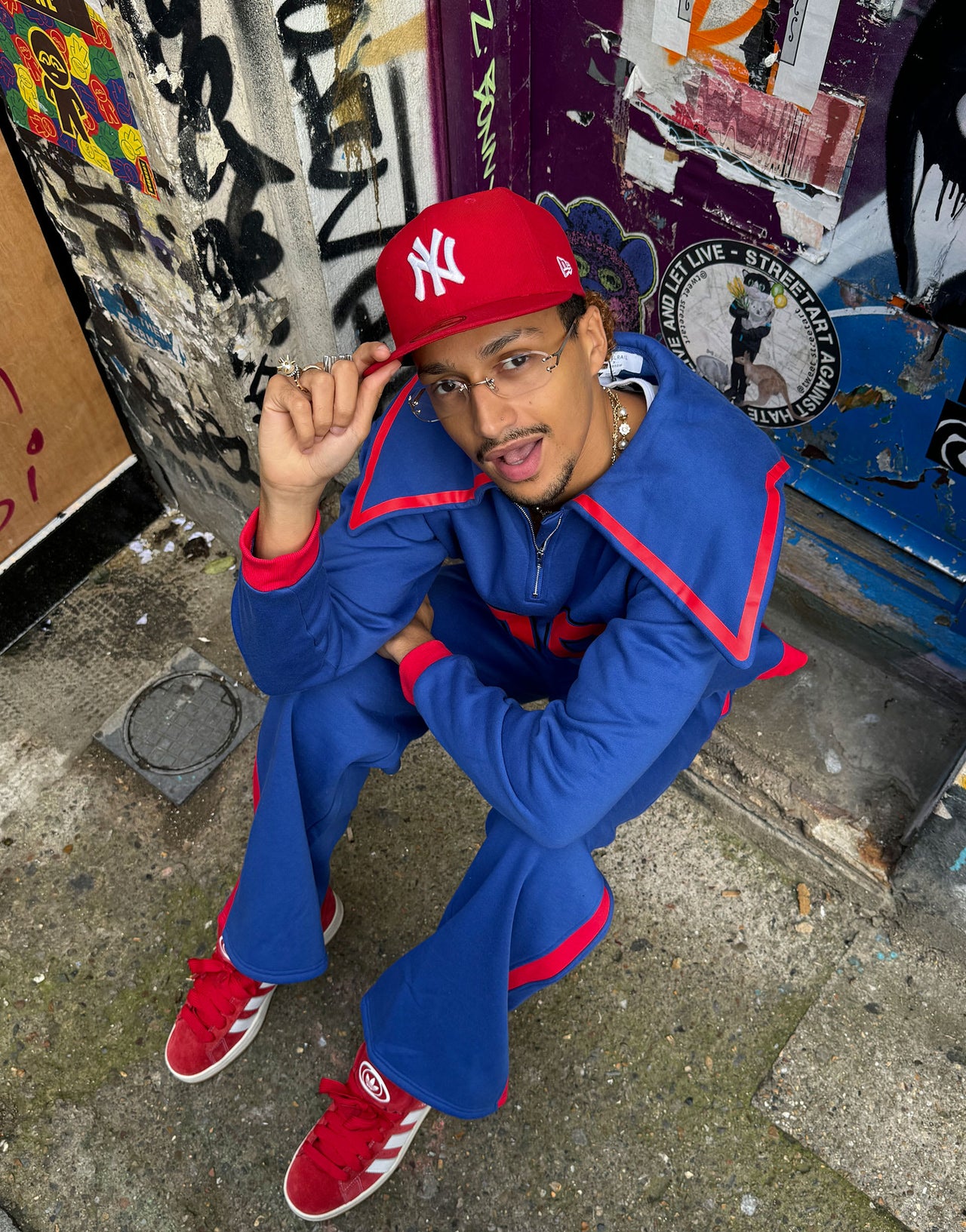 Labelrail x OliBrom straight leg joggers in blue and red co-ord