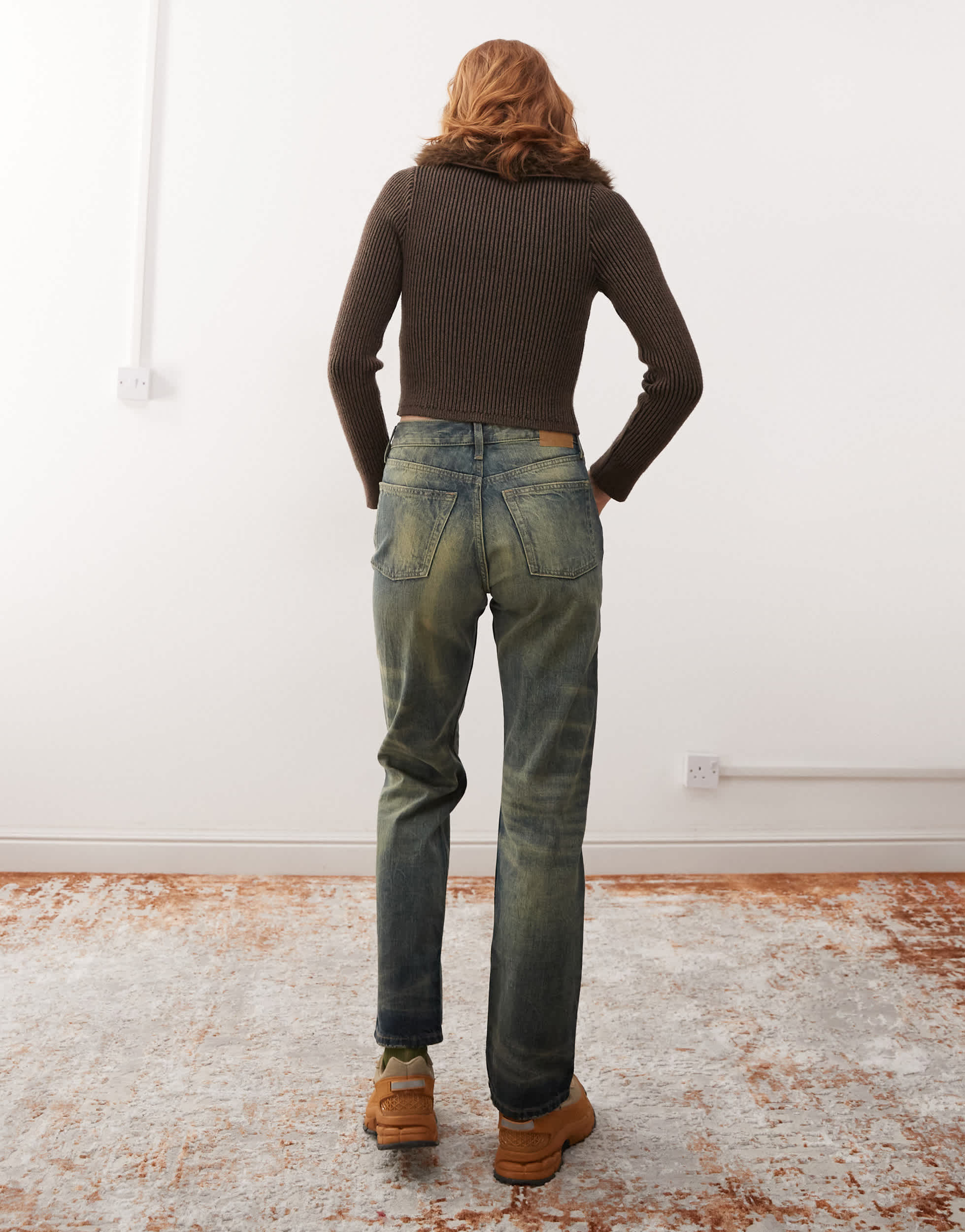 Weekday Orbit mid rise straight leg jeans in distressed dark blue wash