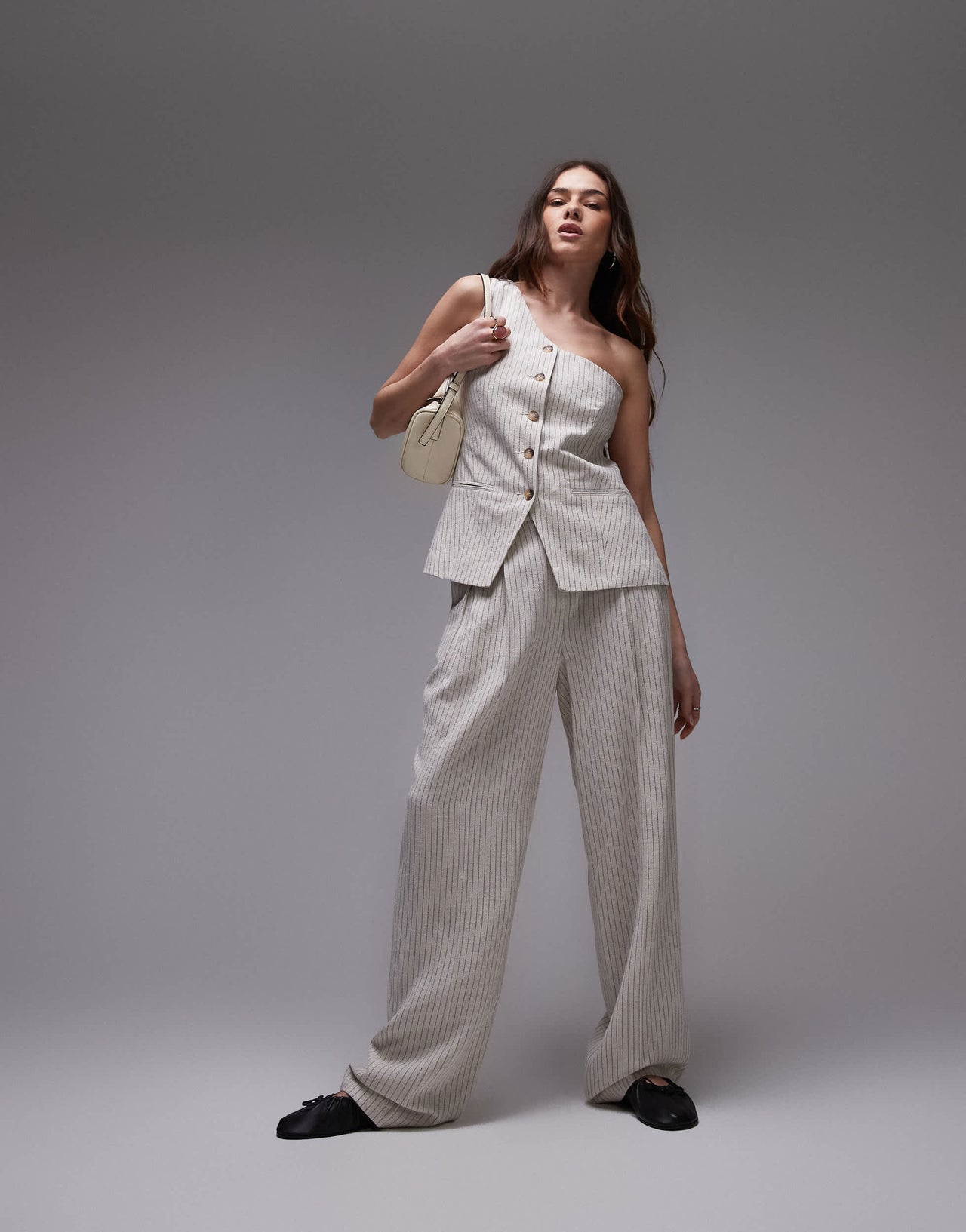 Topshop co ord linen stripe one shoulder top in cream